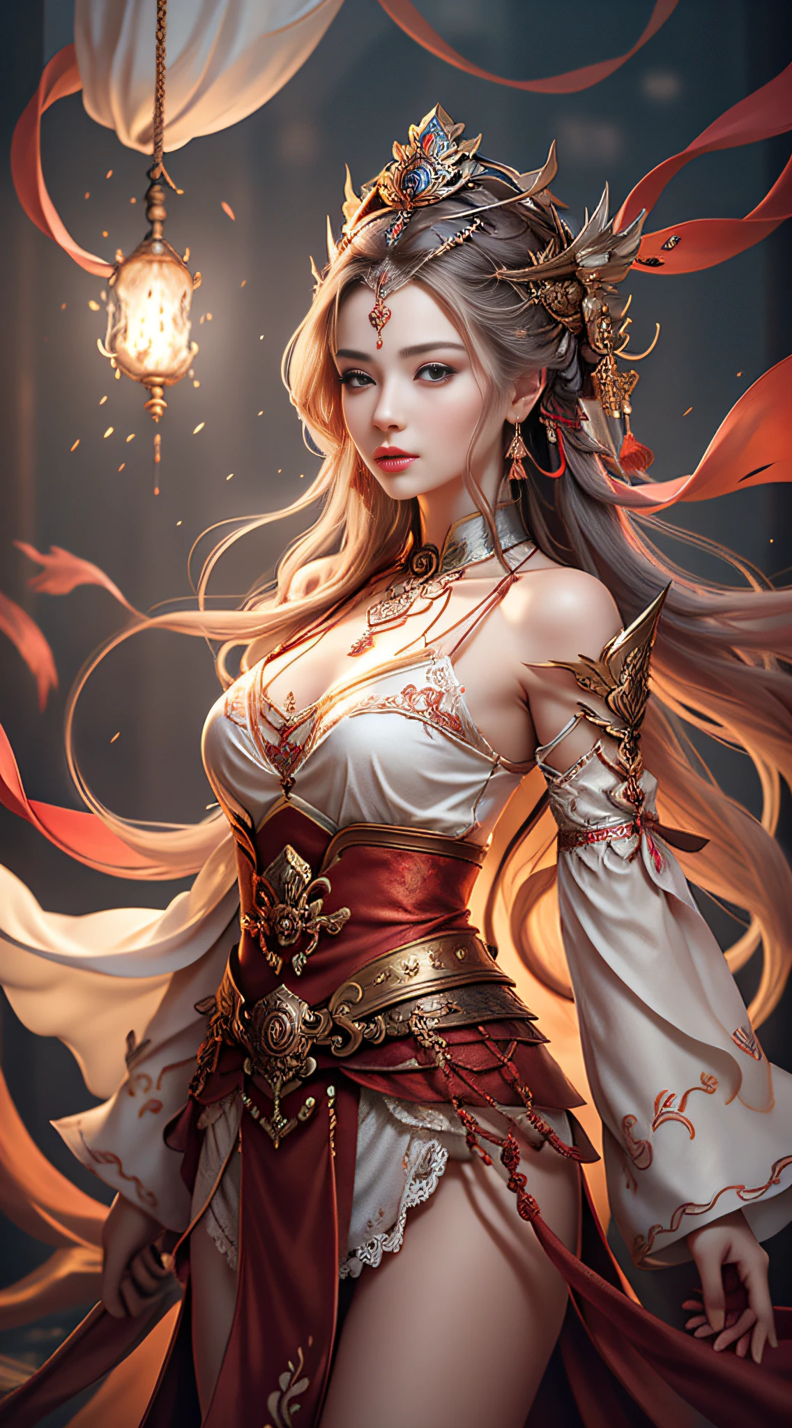 best qualtiy,tmasterpiece,Ultra-detailed high resolution,(Seductive:2.0),(Empty eyes:2.0),(realisticlying:1.4),RAW photogr,,illustratio,wanjian,multiple weapons(glowing weapon) 1 girls dancing,(独奏:1.2),(cowboy lens:1.2),(Hair crown:1.2),Traditional costumes of Dunhuang, China,(Red eyeliner:1.2),(unholy:1.4),(v neck:1.5),(big necklace:1.4),lace armour,(Evil eyes:2.0),(looking toward the viewer:2.0),耳Nipple Ring,dynamic angle,opera house,messy_long_hair,ink,电影灯光,lens_flare, velvet,nipple tassels,ribbons,color embroidery, white gold red,