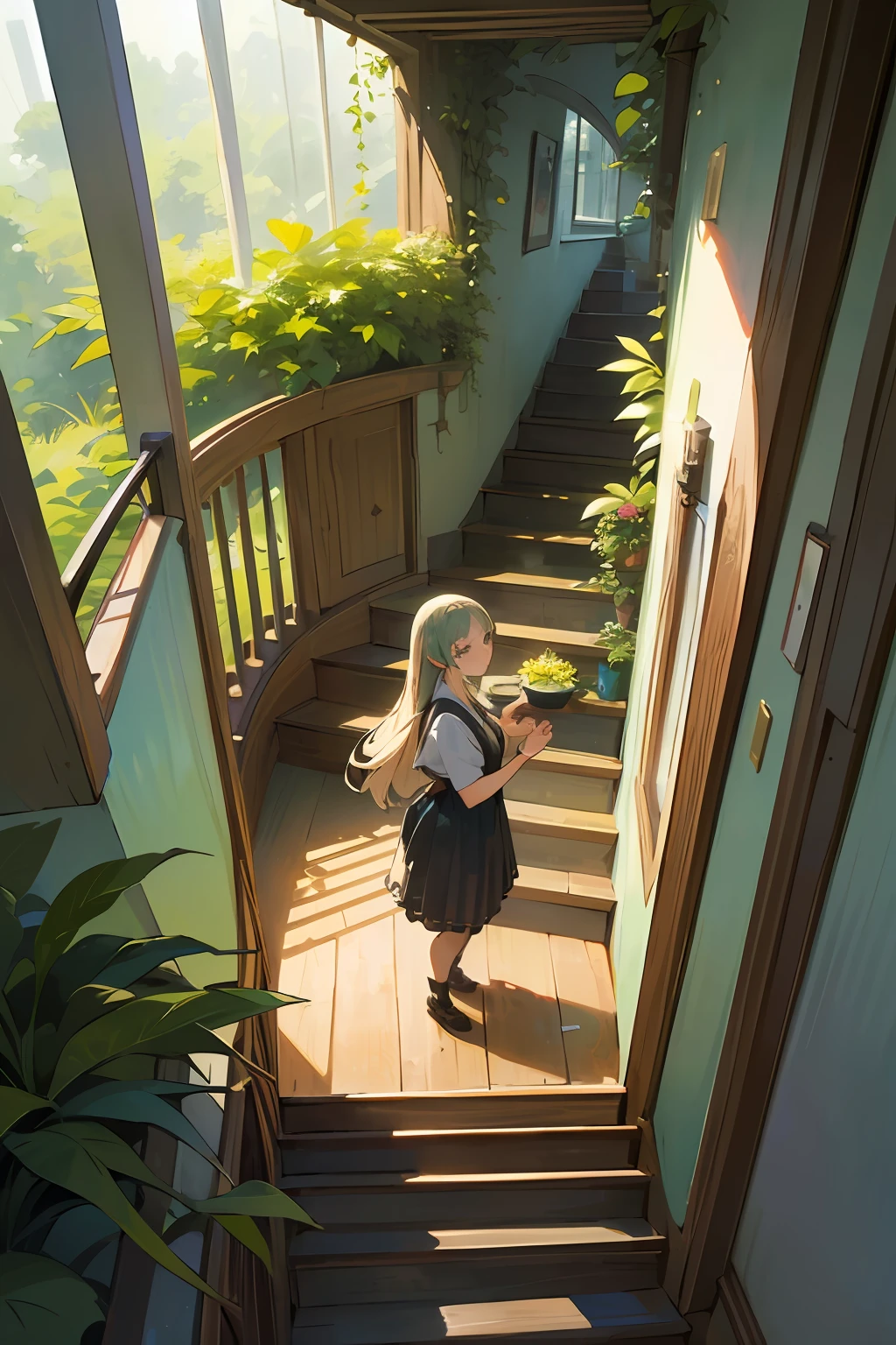 (exceptional, best aesthetic, new, newest, best quality, masterpiece, extremely detailed, anime, waifu:1.2), watercolor,cafe,nature,green,ivy,plants,no-human,stair,window,grass