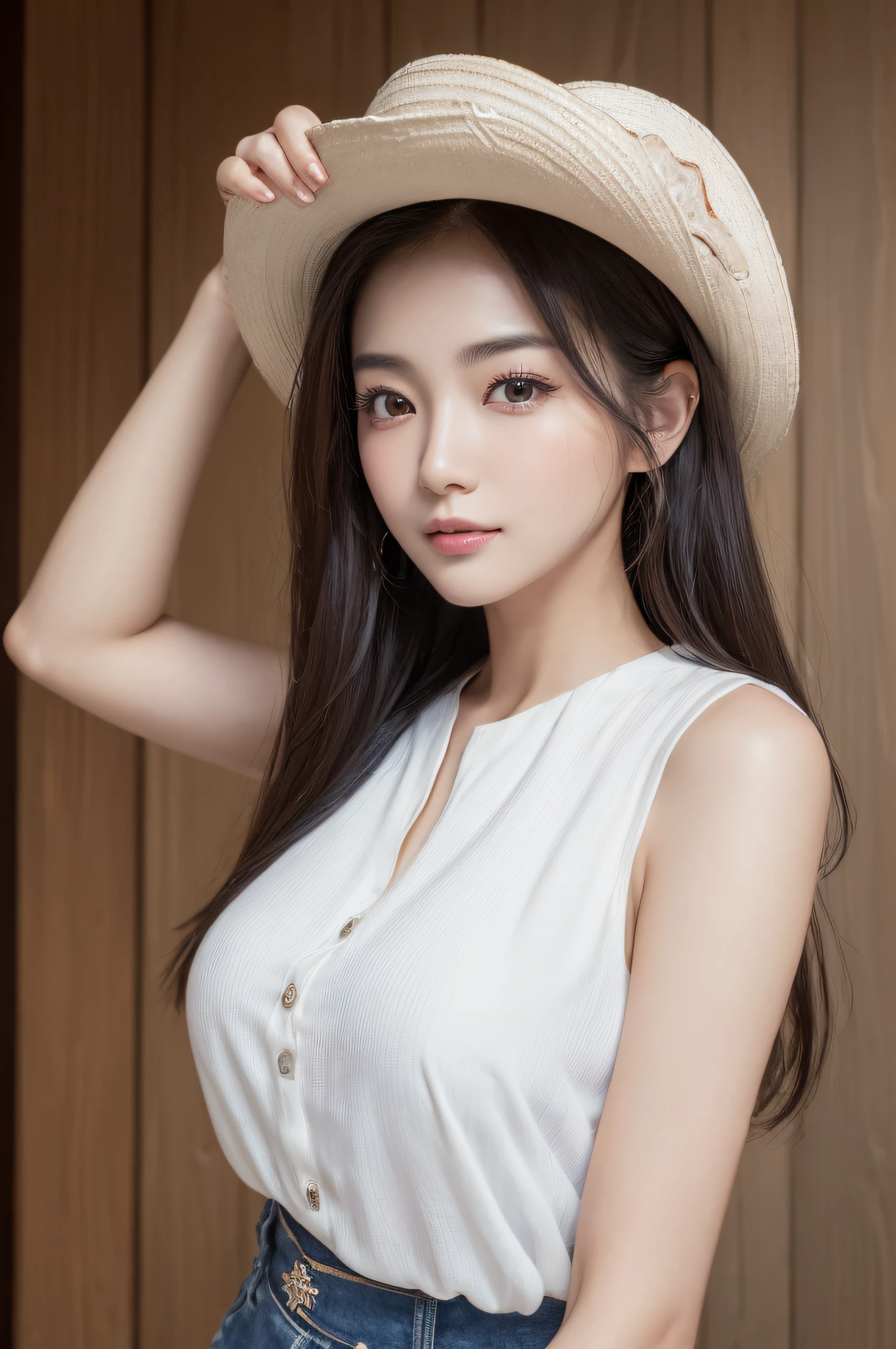 ((best qualtiy、8k masterpieces:1.3))、foco nítido:1.2、(ultra beautiful faces:1.0)、(shinny skin:1.0)、photos realistic、A dark-haired、Video Lighting、High-definition eyes and face、Video Lighting、(cowboy shot:1.3)、(Korean Cute Actress)、from the front side、medium large breasts、ssmile、Sleeveless、Wearing a white blouse