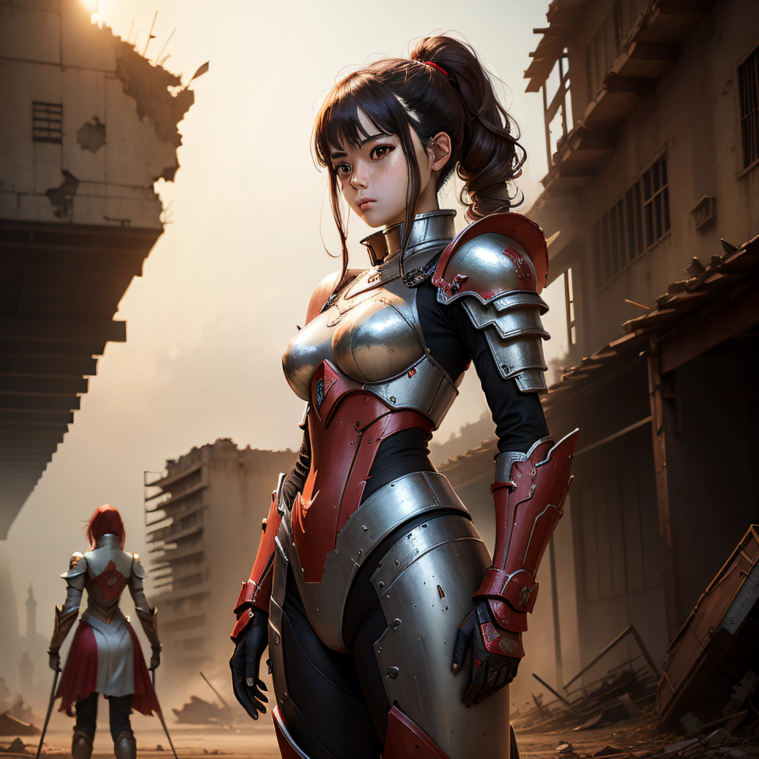 Mech women stand proudly among the ruins,Red armor shone brightly。