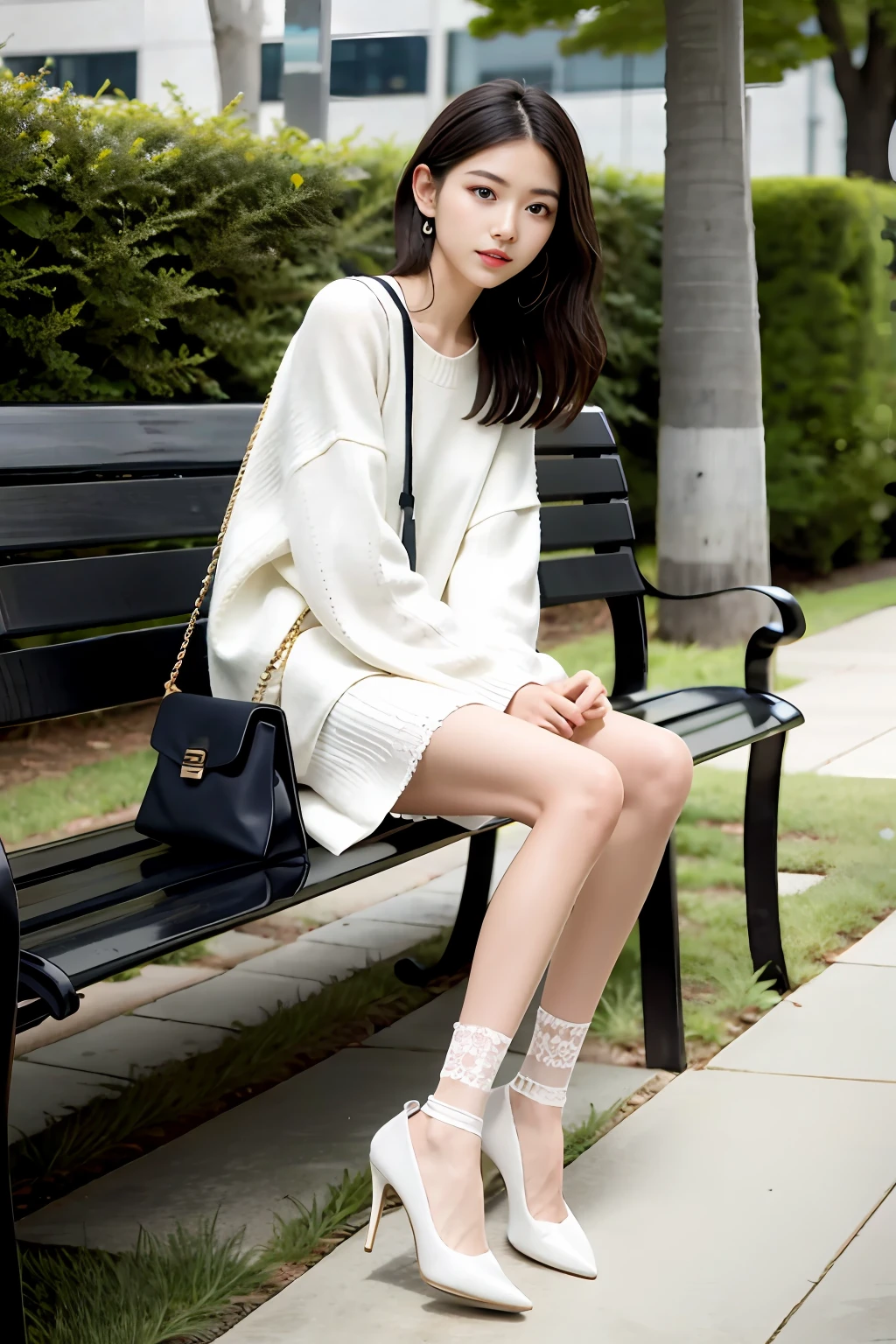 there is a woman that is sitting down on a bench, girls resting, sitting on a bench, sitting on a bench, wearing elegant casual clothes, Sitting on a park bench, Sit on a bench, wearing off - white style, dressed with long fluent clothes, arte mista, modern casual clothing, modern fashion outfit, casual modern clothing, woman, casual clothing style,Lace socks:1.3,high-heels