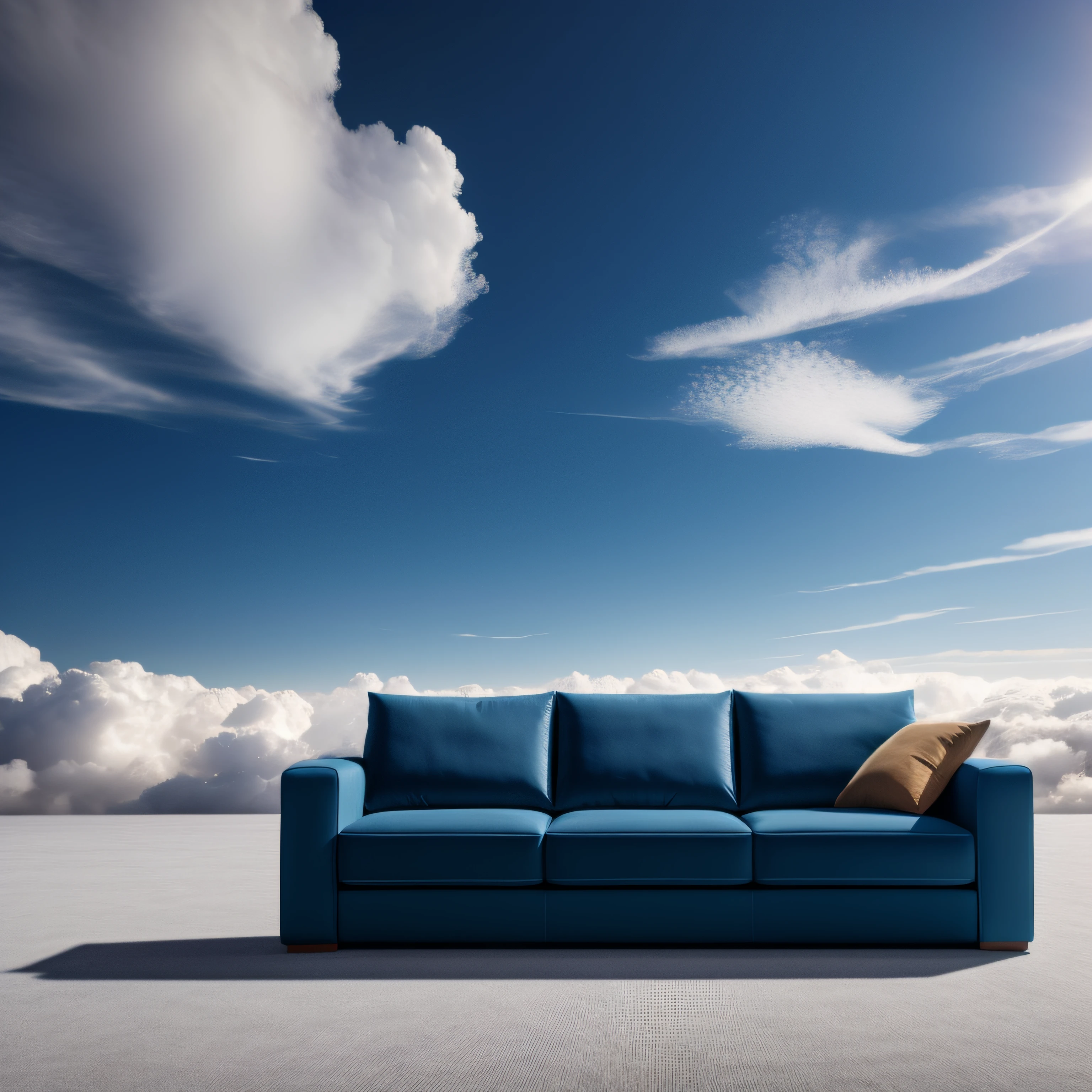 Above the clouds there is a sofa，The realm of the sky，sofe，Best quality photo rendering，9K photography，extreme hight detail，Perfect light and shadow，Product promotion