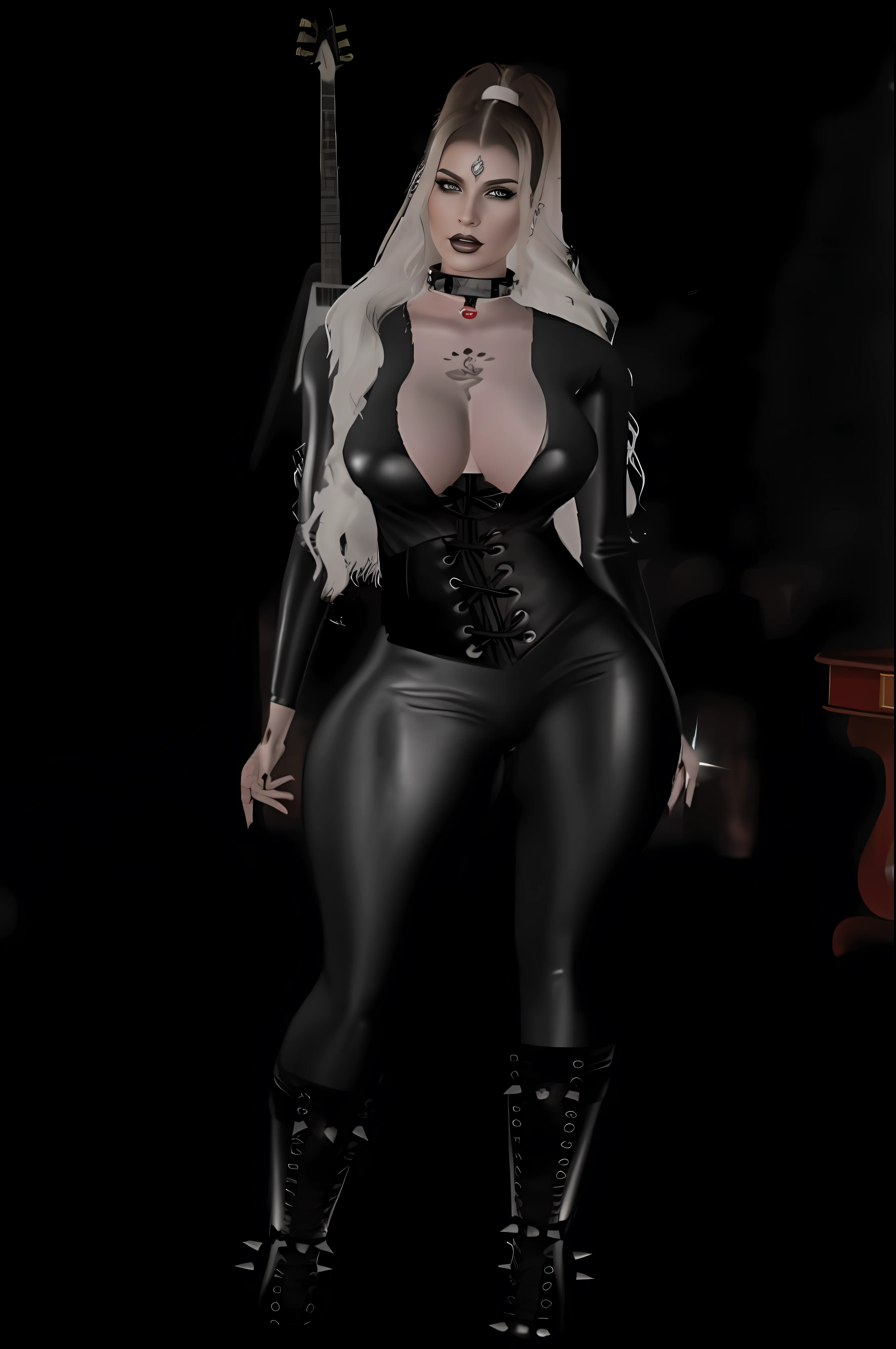 a close up of a woman in a black latex outfit, gothic horror vibes, pose sinistra, estilo sensual sombrio, Gothic attire, 2 b, 2b, she is the queen of black roses, personagem bruxa escura, olhos prateados de corpo inteiro, goth chic, em um espartilho de couro, dark goth queen, gothic aesthetic, wearing a black catsuit, lo gothic!!, IMVU, (RAW foto: 1.2), (fotorrealista: 1.4), (detalhes intrincados: 1.2), (obra-prima: 1.3), (melhor qualidade: 1.4), (ultra highres: 1.2), cinema light, ultra alta realista, (olhos detalhados), (detailedfacialfeatures), (detailed features of the outfit),HDR, 8K分辨率, (extremely detailed illustration), (extremely detailed illustration), retrato de corpo inteiro, lente de 50mm, abertura f/4, (super detalhe), 8mm film grain, (( UHD, 32k, UHD:1.3, hiper detalhado)), cinematiclight, luz lateral, Lens Flare, Ray Tracing, (olhos detalhados), Unreal Engine Intrincado (Detalhe Alto: 1.1), (seios gigantescos: 1.25), (caidos: 1.3),