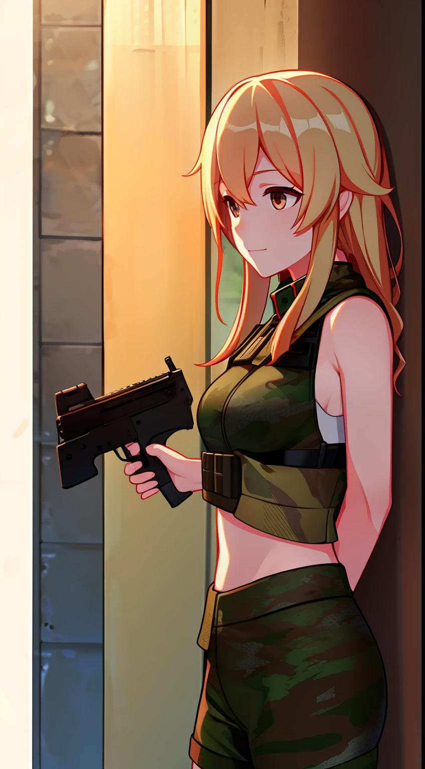young girl, longue blonde hair, Brown eyes, camo clothes, soldier, Sleeveless, ssmile, submachine gun, Masterpiece, hiquality