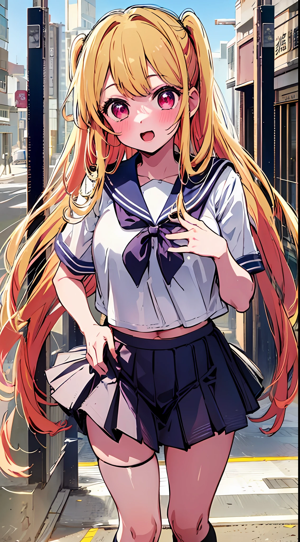 The main girl is beautiful and cute, "neat and bright uniform coordination", full body, full body illustration, best illustration, realistic and elaborate uniform, high school uniform, elementary school student, ((highest quality)), ((masterpiece)), (detail: 1.4), anatomical, award-winning concept art, beautiful, fine details, portrait, look viewer, (show full body)), 1 girl, full body, solo, 6 years old, schoolchildren, child actors, golden-haired, blonde, semi-long hair, red and pink eyes, big eyes, the pupil of the left eye is star-shaped, characteristic left eye pupil, left eye pupil clear, left eye pupil detailed, cute underwear, panties, skirt, silk panties, wet shirt, wet clothes, skirt lift, blush, classroom, navel out, clothes lift, easy background, lifting clothes, white shirt, uniform, blazer, Japan cute uniform, look away, short sleeves, loli, elementary school, main girl is beautiful and cute, loli, baby face, cute, young, young, young, young appearance, fantastic visual depiction, professional effect, beautiful girl, petite girl, sweaty transparent clothes, unevenness, absurdity, unevenness, uniform is the oldest girls' school Japan based on Christianity along with the girls' academy, Very cute in traditional uniform", "Very cute sailor suit for both summer and winter clothes", heel-up loafers, golden hair, the main girl is beautiful and cute