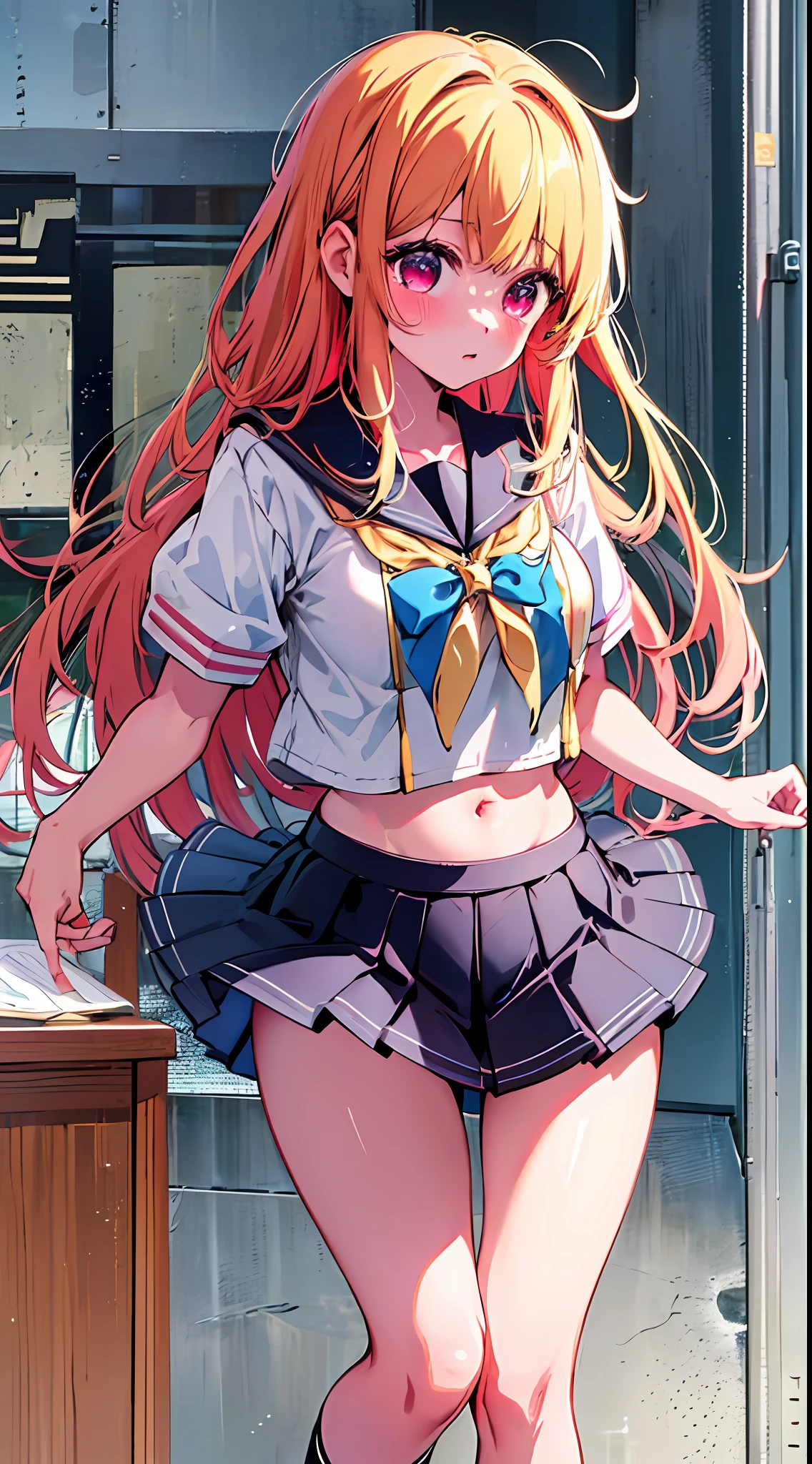 The main girl is beautiful and cute, "neat and bright uniform coordination", full body, full body illustration, best illustration, realistic and elaborate uniform, high school uniform, , ((highest quality)), ((masterpiece)), (detail: 1.4), anatomical, award-winning concept art, beautiful, fine details, portrait, look viewer, (show full body)), 1 girl, full body, solo, 6 years old, schoolchildrenctors, goldblonde, semi-lonr, red and pink eyes, big eyes, the pupil of the left eye is star-shaped, characteristic left eye pupil, left eye pupil clear, left eye pupil detailed, cute underwear, panties, skirt, silk panties, wet shirt, wet clothes, skirt lift, blush, classroom, navel out, clothes lift, easy background, lifting clothes, white shirt, uniform, blazer, Japan cute uniform, look away, short sleeves, loli, elementary school, main girl is beautiful ancute, cute, young, young, young, young appearance, fantast visuaon, professional effect, beautiful girl, petite girl, sweaty transparent clothes, unevenness, absurdity, unevenness, unif is the oldest girls' school Japan based on Christianity along with the girls' academy, Very cute in traditional uniform", "Very cute sailor suit for both summer and winter clothes", heel-up loafers, golden hair, the main girl is beautiful and cute