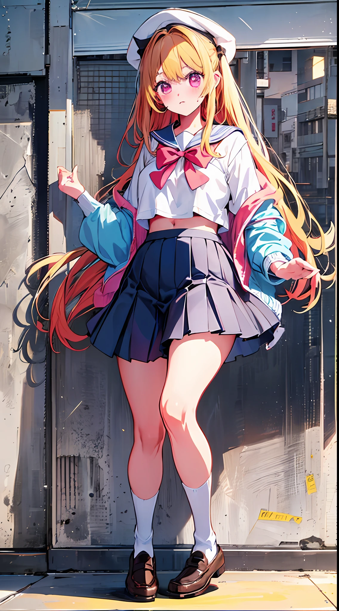 The main girl is beautiful and cute, "neat and bright uniform coordination", full body, full body illustration, best illustration, realistic and elaborate uniform, high school uniform, elementary school student, ((highest quality)), ((masterpiece)), (detail: 1.4), anatomical, award-winning concept art, beautiful, fine details, portrait, look viewer, (show full body)), 1 girl, full body, solo, 6 years old, schoolchildren, child actors, golden-haired, blonde, semi-long hair, red and pink eyes, big eyes, the pupil of the left eye is star-shaped, characteristic left eye pupil, left eye pupil clear, left eye pupil detailed, cute underwear, panties, skirt, silk panties, wet shirt, wet clothes, skirt lift, blush, classroom, navel out, clothes lift, easy background, lifting clothes, white shirt, uniform, blazer, Japan cute uniform, look away, short sleeves, loli, elementary school, main girl is beautiful and cute, loli, baby face, cute, young, young, young, young appearance, fantastic visual depiction, professional effect, beautiful girl, petite girl, sweaty transparent clothes, unevenness, absurdity, unevenness, uniform is the oldest girls' school Japan based on Christianity along with the girls' academy, Very cute in traditional uniform", "Very cute sailor suit for both summer and winter clothes", heel-up loafers, golden hair, the main girl is beautiful and cute