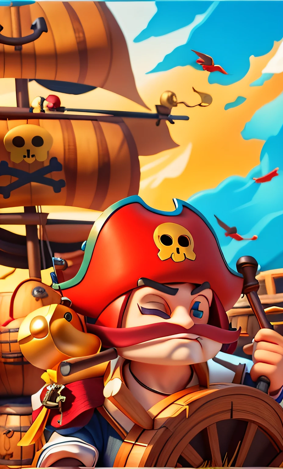 Pirates drive pirate ships,pirate ships,a pirate,Wine barrels