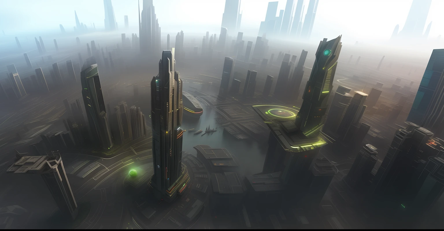 NASA style,Wandering Earth,Cidade futuristica,Skyscrapers and green rooftops in a foggy sky, futuristic dystopian city, aerial view of a cyberpunk city, in fantasy sci - fi city, hyper-futuristic city, sci fi city, vista of futuristic city, sci fi city, otherwordly futuristic city, ancient sci - fi city, 4 K resolution concept art, 4 k concept art