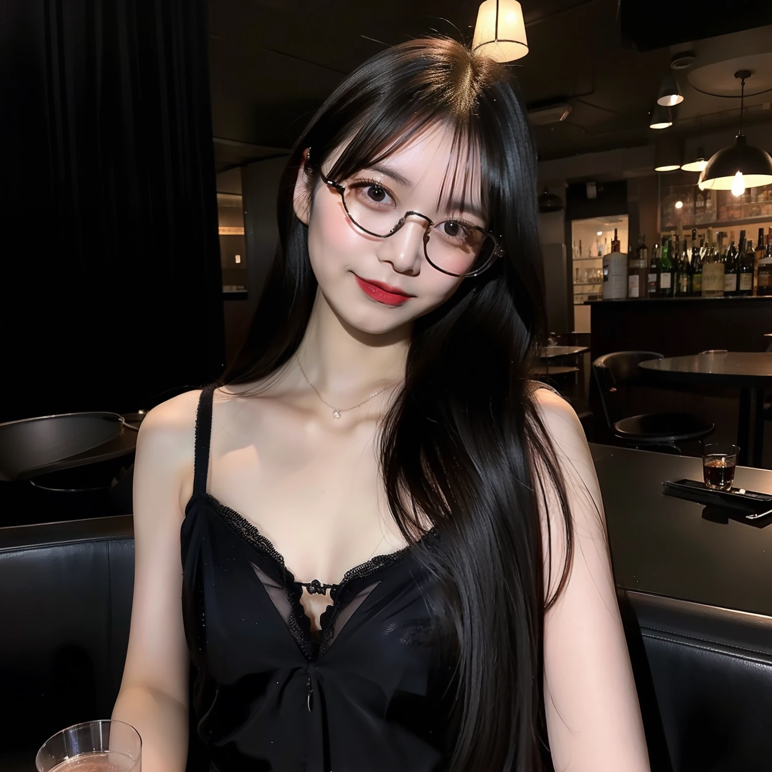 A 25 year old woman with long black hair and wearing glasses and a negligee was drinking at the bar