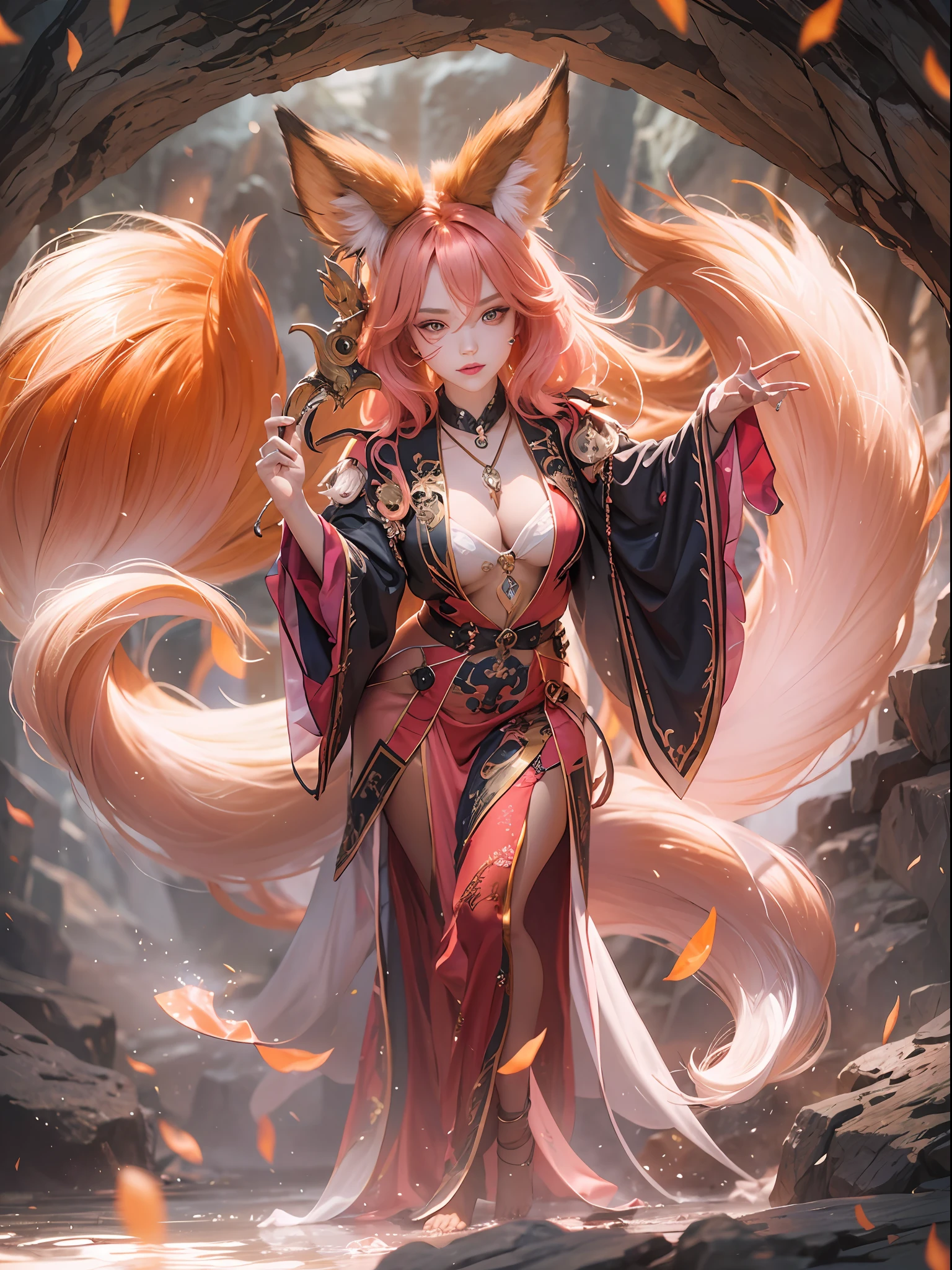 ((masterpiece)), ((best quality)), 8k, high detailed, ultra-detailed, A captivating fox demon, with alluring beauty and a seductive aura. She has striking red eyes that pierce through the darkness. Her orange fox tail and fox ears add to her enchanting appearance. She is dressed in a flowing, semi-transparent silk robe in red, accentuating her sensual allure. The scene takes place in a cave, filled with pink smoke that adds an air of mystery and seduction. The fox demon strikes a provocative pose, showcasing her perfect physique in the full-body shot. She is adorned with various accessories, including a skull pendant, which adds a touch of mystery and danger to her allure. Fox demon, captivating beauty, red eyes, orange fox tail, orange fox ears, flowing silk robe, seductive, enchanting, cave with pink smoke background, provocative pose, full-body shot, perfect physique, accessories, skull pendant
