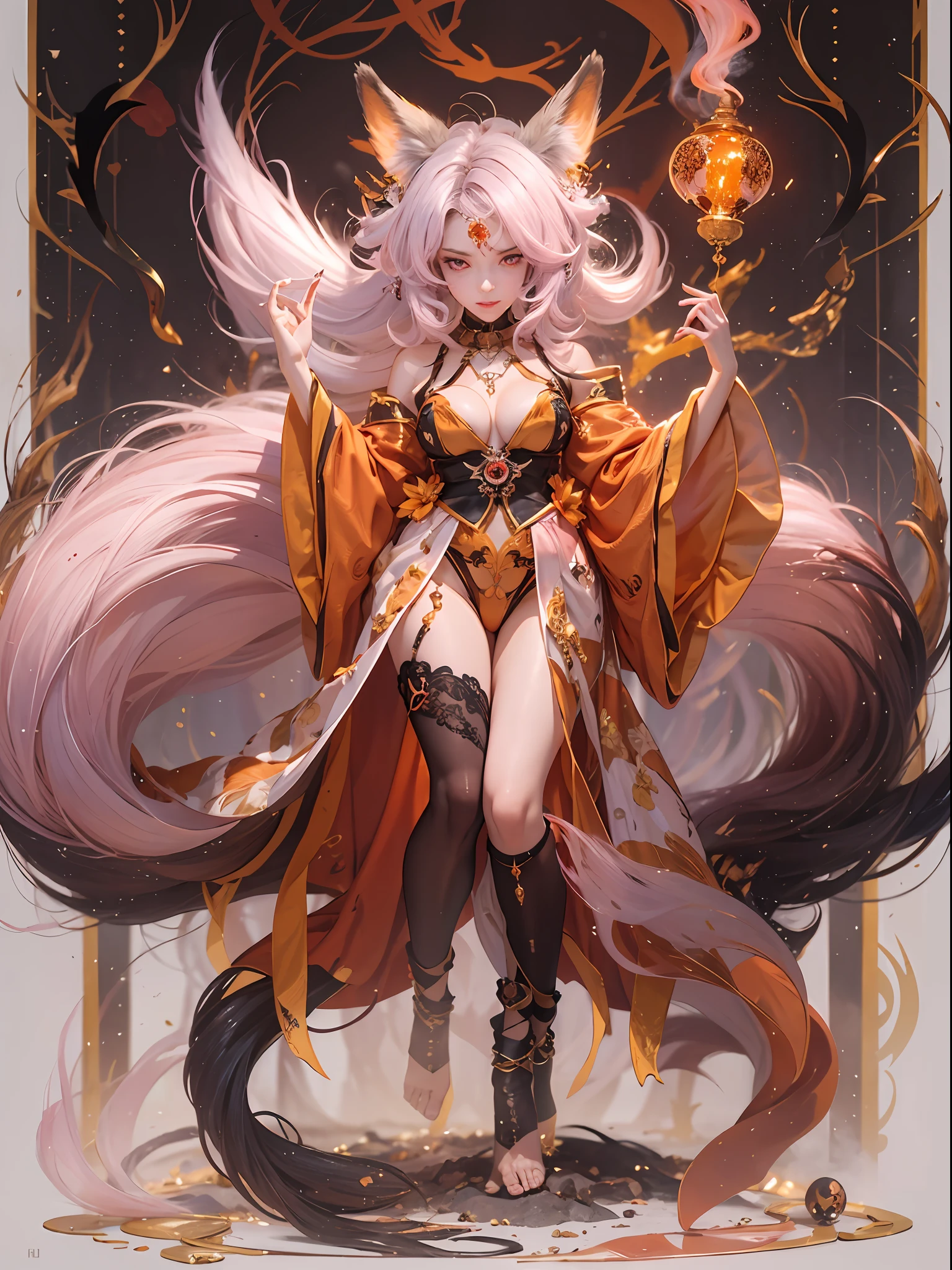 ((masterpiece)), ((best quality)), 8k, high detailed, ultra-detailed, A captivating fox demon, with alluring beauty and a seductive aura. She has striking red eyes that pierce through the darkness. Her orange fox tail and fox ears add to her enchanting appearance. She is dressed in a flowing, semi-transparent silk robe in red, accentuating her sensual allure. The scene takes place in a cave, filled with pink smoke that adds an air of mystery and seduction. The fox demon strikes a provocative pose, showcasing her perfect physique in the full-body shot. She is adorned with various accessories, including a skull pendant, which adds a touch of mystery and danger to her allure. Fox demon, captivating beauty, red eyes, orange fox tail, orange fox ears, flowing silk robe, seductive, enchanting, cave with pink smoke background, provocative pose, full-body shot, perfect physique, accessories, skull pendant