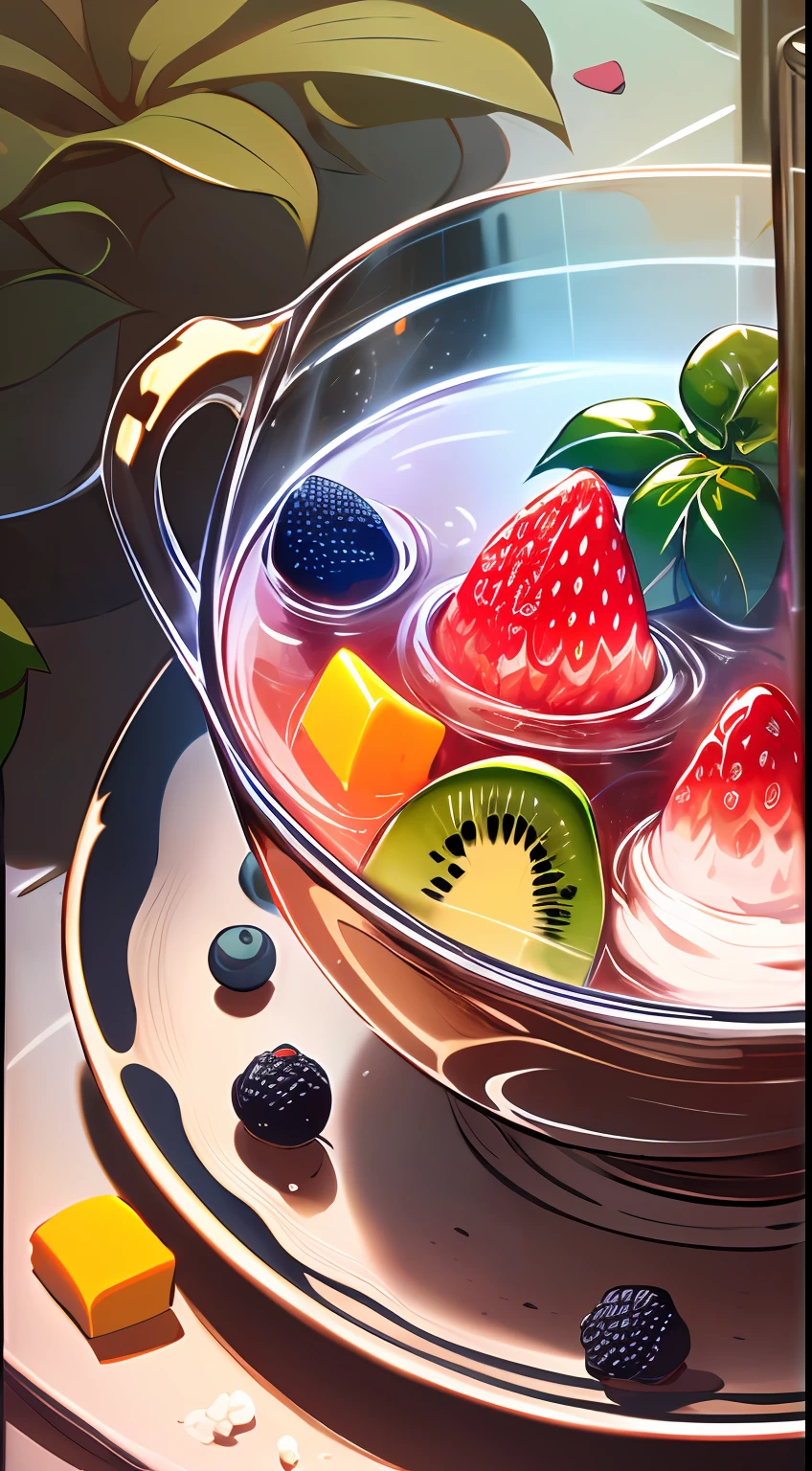 (((Multi-layered jelly))) glass, stained glass windows, Multi-colored highlights, tmasterpiece, Top Quality, Experience, Chic, Boho-chic, a gold, utensil, kettle, a cup, plate, crystals, with floral print,1 glass of milk (can be cow's milk, vegetable milk or yogurt) 1 teaspoon vanilla extract of your choice (optional) Chopped fresh fruits (For example, strawberries, kiwi, mango, blackberry, raspberry, cherry, carom, blueberries, etc.) Marengo, spectral