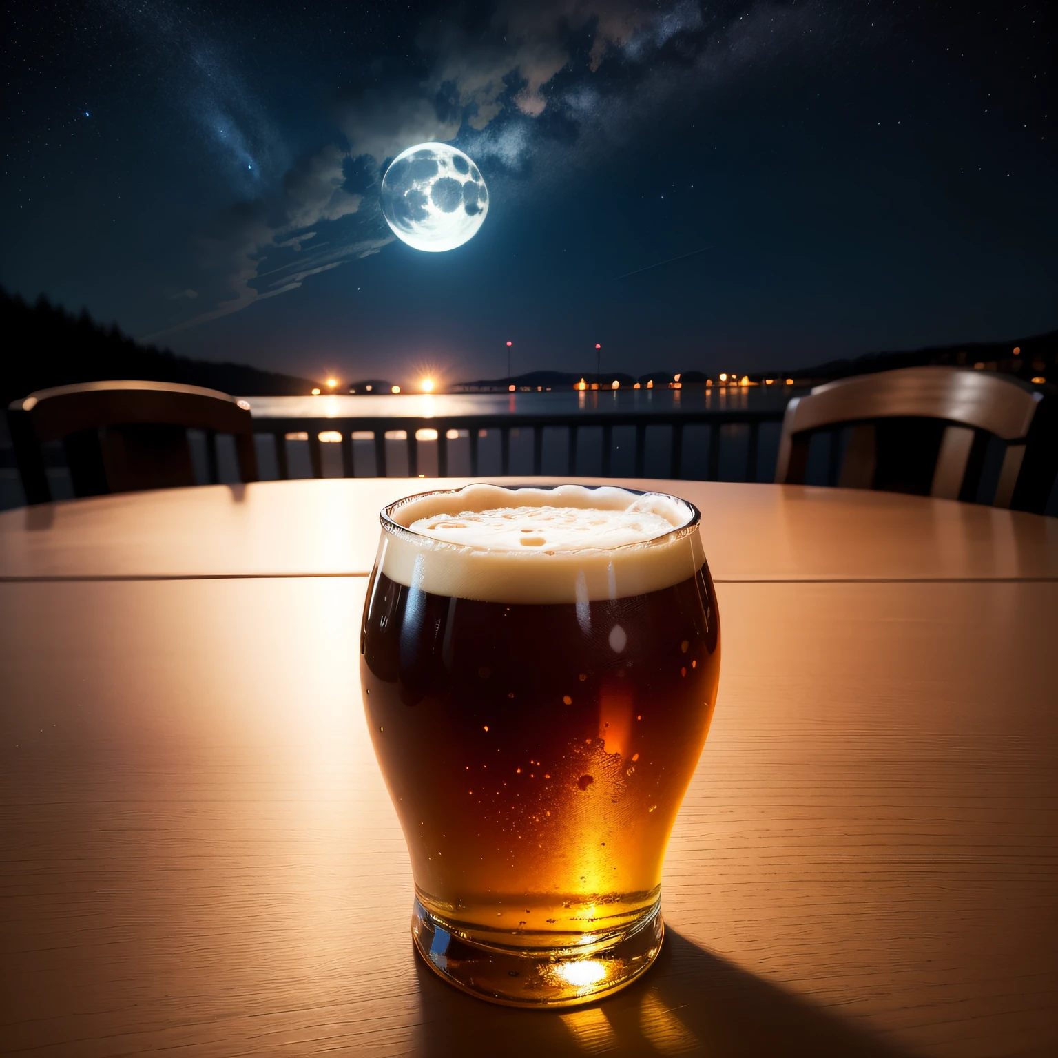 Beer on the table、Starry sky background、a moon、