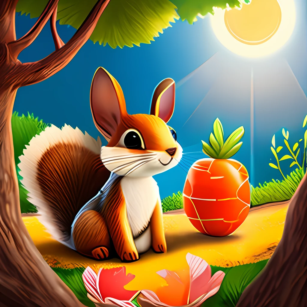 Title: The Adventures of Sunny the Super Squirrel

Once upon a time, in a magical forest called Whimsy Woods, there lived a young squirrel named Sunny. He had big dreams and an even bigger heart. But there was something special about Sunny—he had superpowers! He could fly through the air and had the ability to talk to all the animals in the forest.

One sunny morning, as Sunny was flying from tree to tree, he noticed a distressed bunny named Benny. Benny had lost his favorite carrot in a deep, dark cave, and he was too scared to go inside to retrieve it.

Being the brave and helpful squirrel he was, Sunny immediately flew down to Benny and reassured him. "Don't worry, Benny! I'll help you find your carrot. Together, we can conquer anything!" With renewed confidence, Benny and Sunny ventured into the mysterious cave.

As they entered, the cave's darkness enveloped them, but Sunny's superpowers guided their way. They encountered sparkling crystals and heard strange echoes, but the duo pressed on. Finally, they found the carrot lying next to a sleeping dragon!

Sunny knew that they had to be careful not to wake the dragon, so he carefully tiptoed towards the carrot. But just as he was about to reach it, a tiny pebble rolled beneath his foot, making a soft noise. The dragon stirred and opened one eye.

Feeling scared but not wanting to give up, Sunny had an idea. He whispered sweetly to the dragon, "Mr. Dragon, we're just here to retrieve Benny's carrot. We mean no harm." The dragon, surprisingly, smiled and said, "I was having such a nice dream. Okay, take the carrot, but promise to visit me again sometime."

With the carrot safely in hand, Sunny and Benny tiptoed back outside the cave. They both sighed with relief, and Benny thanked Sunny for being the best friend anyone could have. Sunny replied, "That's what friends are for, Benny. I'm just glad I could help you."

Word spread quickly in Whimsy Woods about how Sunny bravely faced the dragon in the cave, and animals