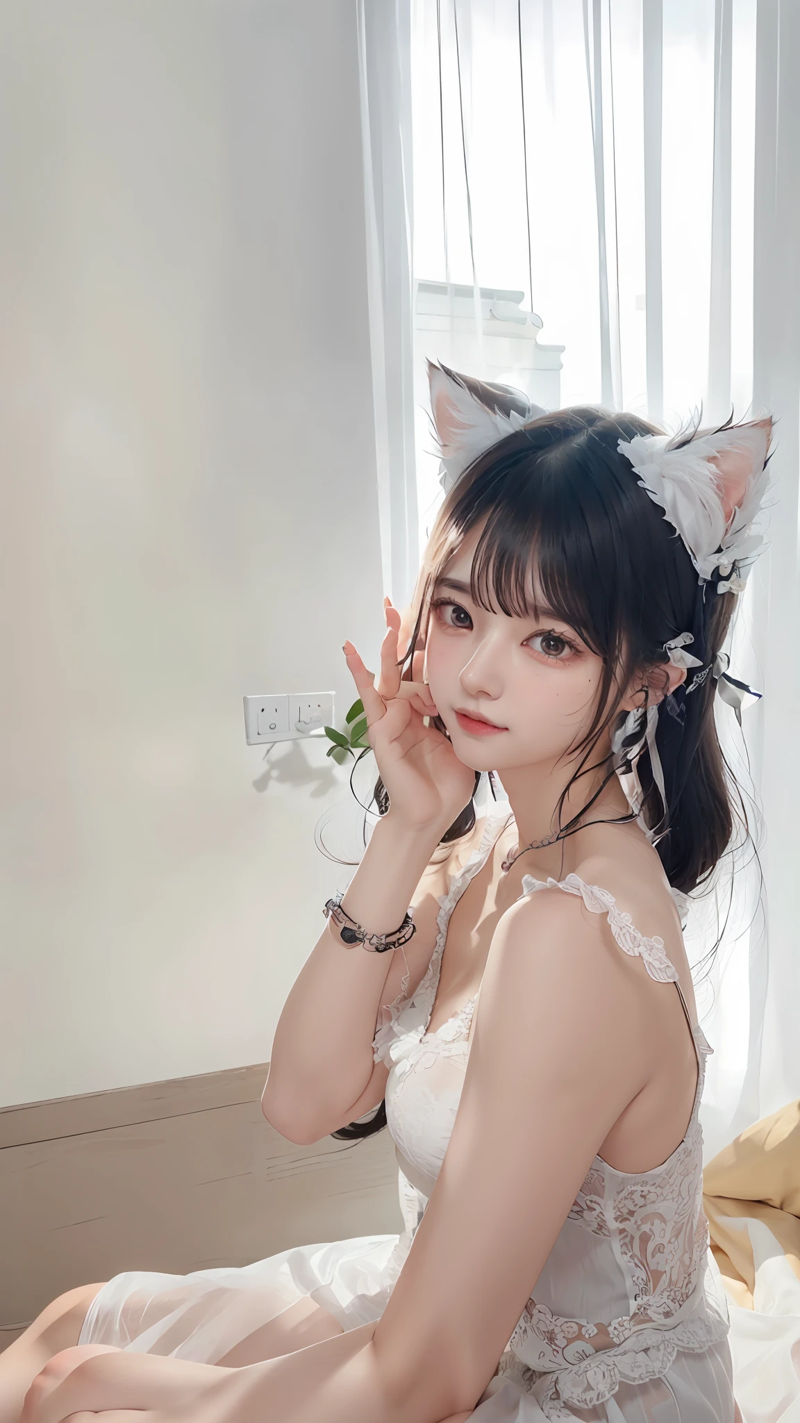 there is a woman sitting on a bed wearing a white dress, very beautiful cute catgirl, Girl with cat ears, xintong chen, Fake cat ears, cat ears on her head, young and cute girl, woman with cat ears, a cute young woman, dilraba dilmurat, Cute cute, trending at cgstation, shaxi,Change the background