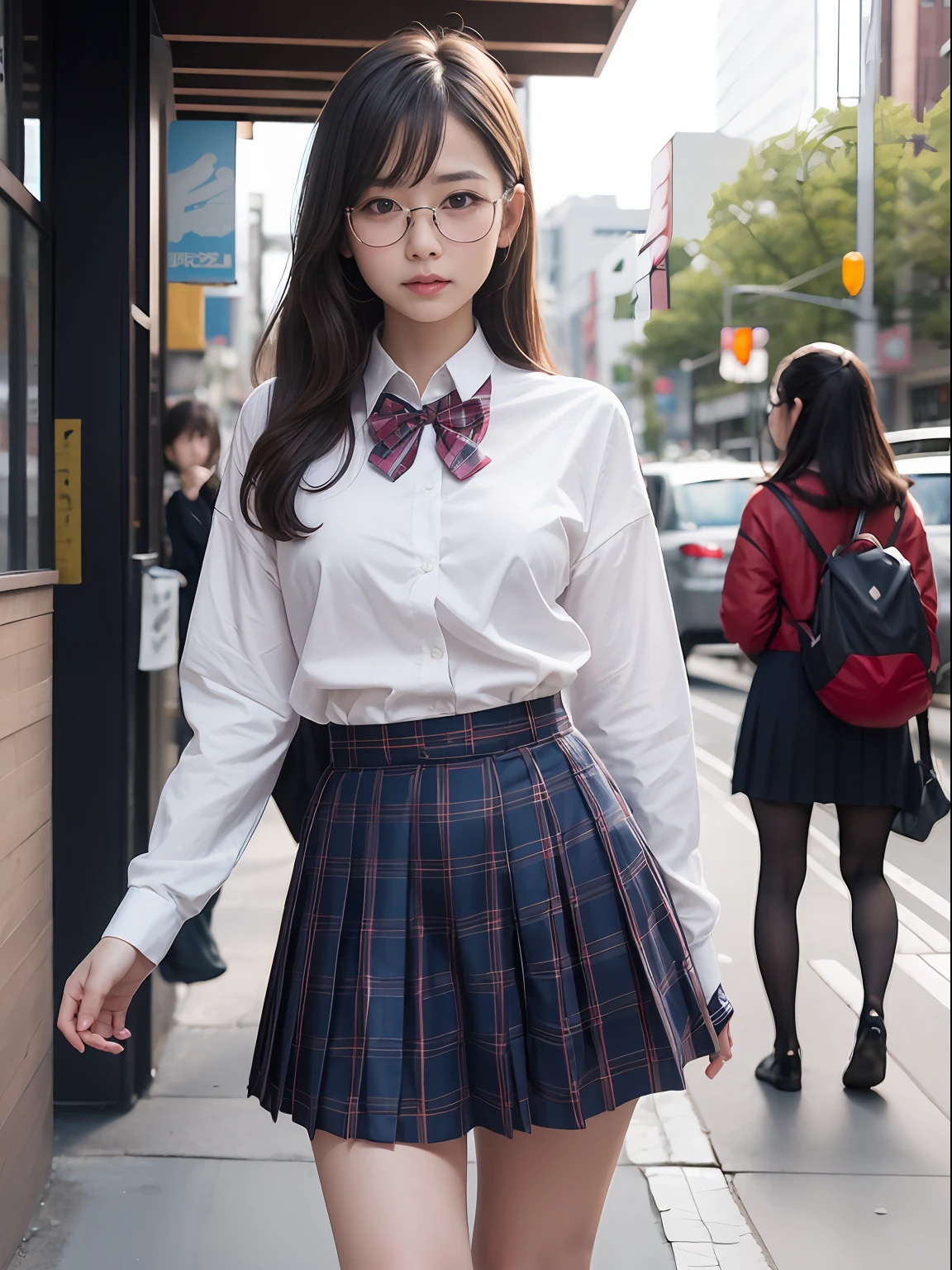 (8K、Raw photography、top-quality、masterpiece:1.2),absurderes,a small face,small tits,flat breast,Parting the bangs from the middle、Forehead visible,(Tight eyes,Bullish,skinny,Rasping,irate)、masterpiece,top-quality、超A high resolution,Raw photo,ren,Beautiful fece,One Person, 独奏,eye glass,,Dark look,Small breasts,fullllbody,Round glasses、cute little、A Japanese Lady,is standing,(Tight eyes,Bullish,skinny,Rasping,irate,small tits,flat breast)、(Photorealsitic:1.37)、Photon mapping,Light blue ribbon,Realistic、Cute little face,Brown-eyed、Black socks、(Red bow tie)、Radio City、Physically Based Rendering、Foreground、depth of fields、Blurry background、a picture,The girls、Body, Long legs, Thin leg,Semi-long,(Bangs are visible), hair, s lips, Blue_The eye, nosesoft,White shirt, Navy blue and white plaid pleated skirt, Knees are visible,Sheer clothing,, Thigh, Black cotton socks,Nogizaka Idol, 女優, Japanese ido