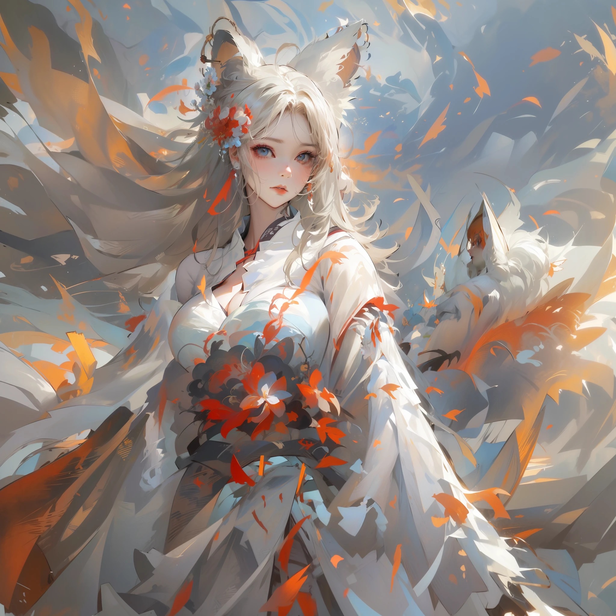 There was a woman in costume in the sky,kitsune inspired armor, wlop and ross thran, chengwei pan on artstation, ross tran and wlop, Kitsune, flowing white robe, a beautiful kitsune woman, a beautiful fox lady, Flowing robes,