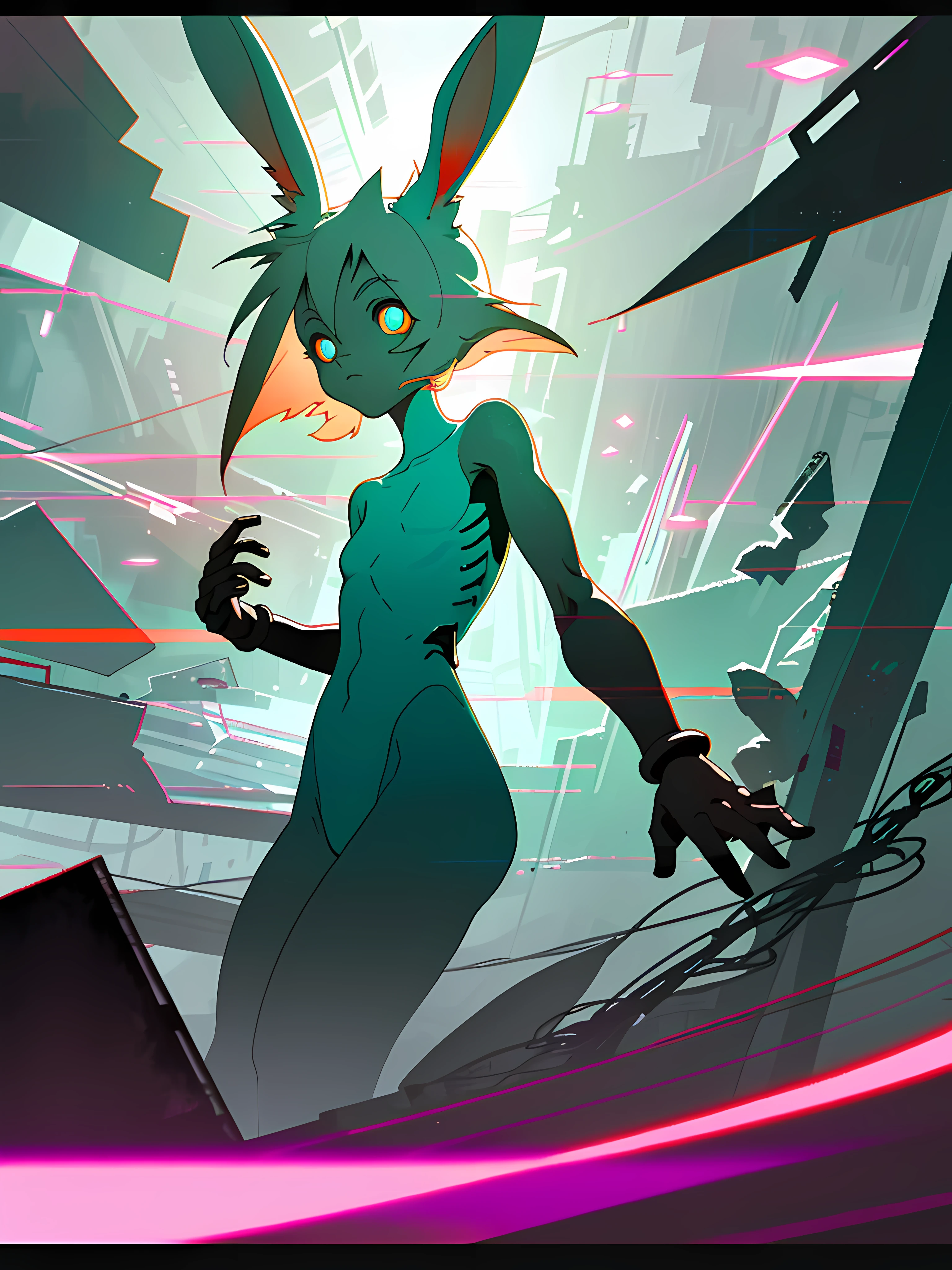 (blame! style abandoned tech landscape), (Zen, Amy Sol style), (underground, dark, foggy, perilous, abandoned dystopian apartment bedroom, deep windows), (naked exposed anthro rabbit girl with rosy stiff nips showing, chestberries showing, wearing bunny ears), cover art with light abstraction, abstract, simple vector art, contemporary Cybernetic art, color gradients, soft color palettes, layered forms, whimsical animation, style Ethereal abstract, 4K, --v6