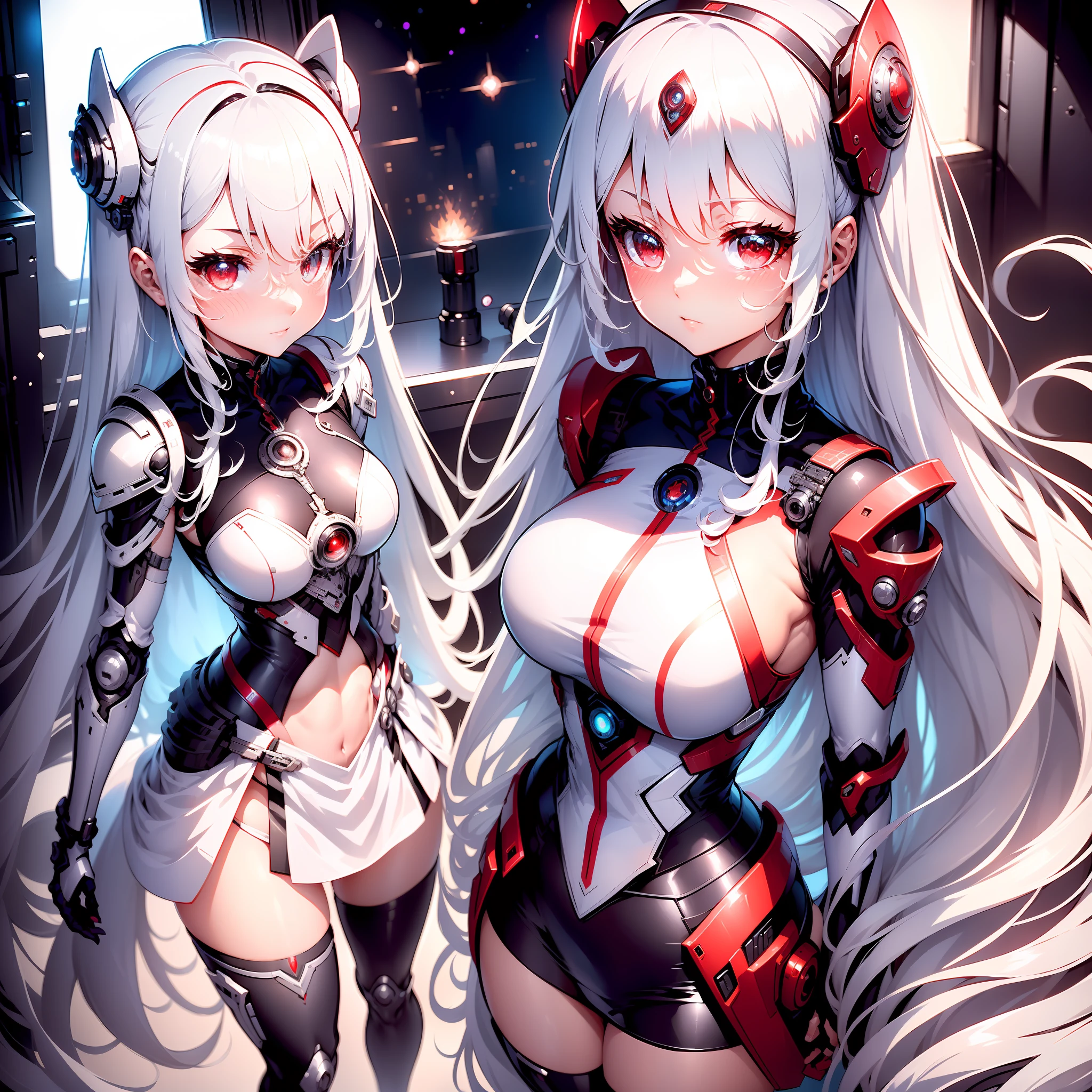 In the world of science fiction in the future,Silver-gray hair,red color eyes,There is a ,She wears elaborate mechanical armor,Petite and delicate,Wear white or black stockings