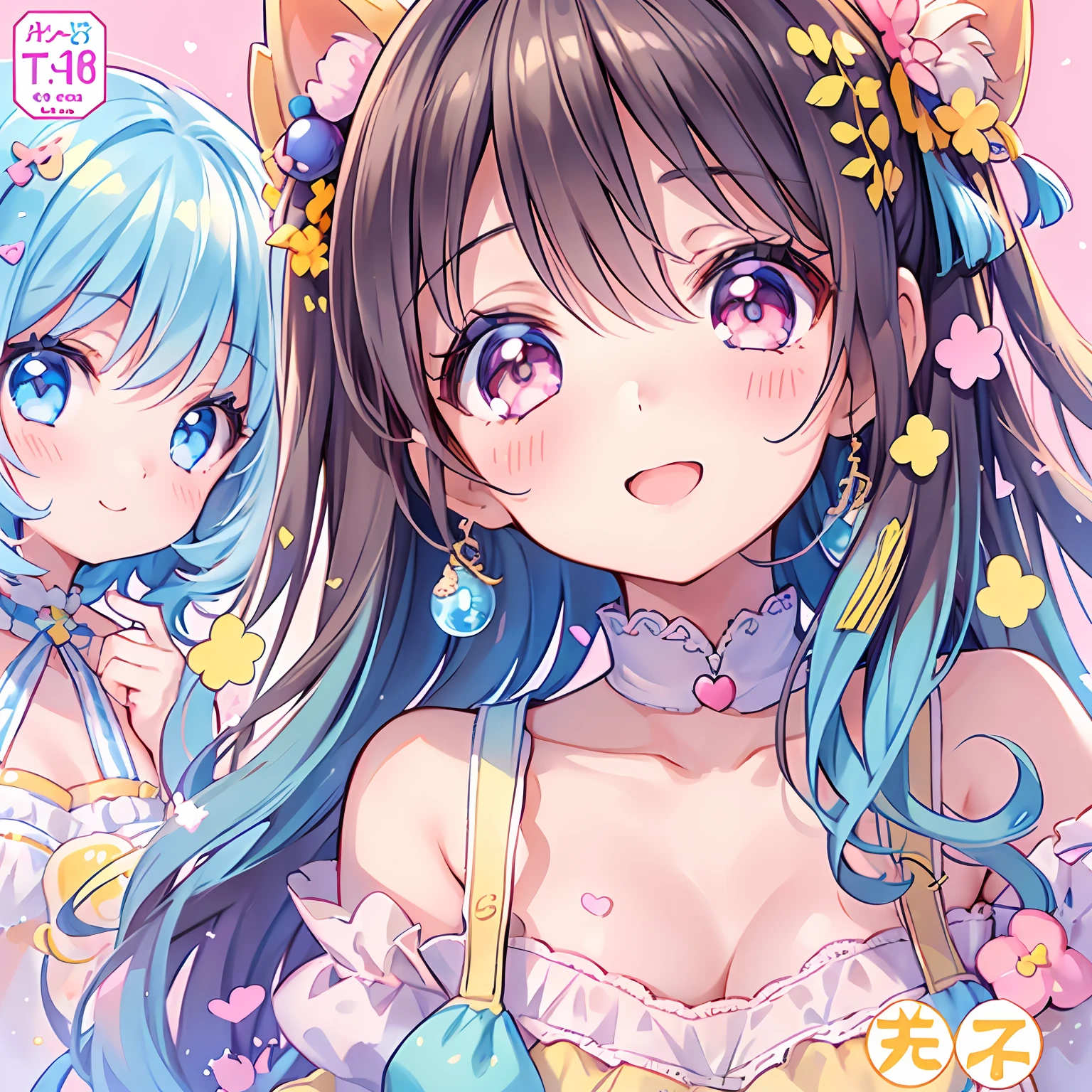 masterpiece, (2girls and 2girls and 2girls and 2girls), idol, closeup, big eyes, kawaiitech, kawaii, cute, pastel colors, best quality, happy, deep background, symmetrical, tilted head, summer, cover, title