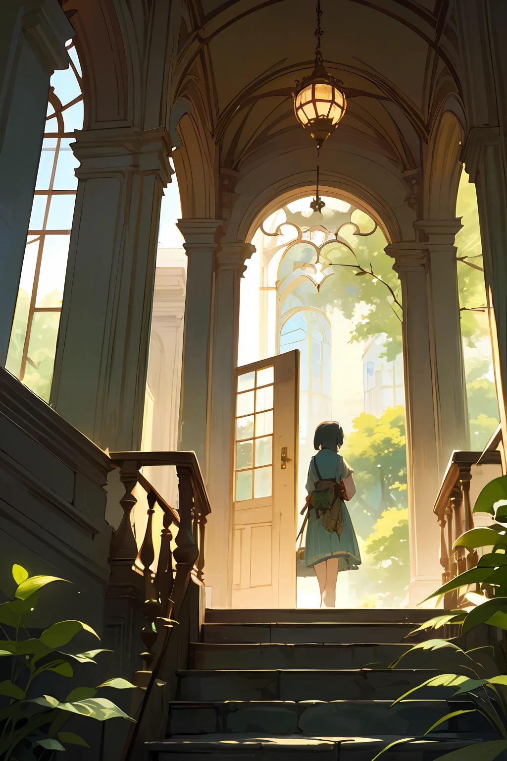 (exceptional, best aesthetic, new, newest, best quality, masterpiece, extremely detailed, anime, waifu:1.2), watercolor,cafe,nature,green,ivy,plants,no-human,stair,window,grass