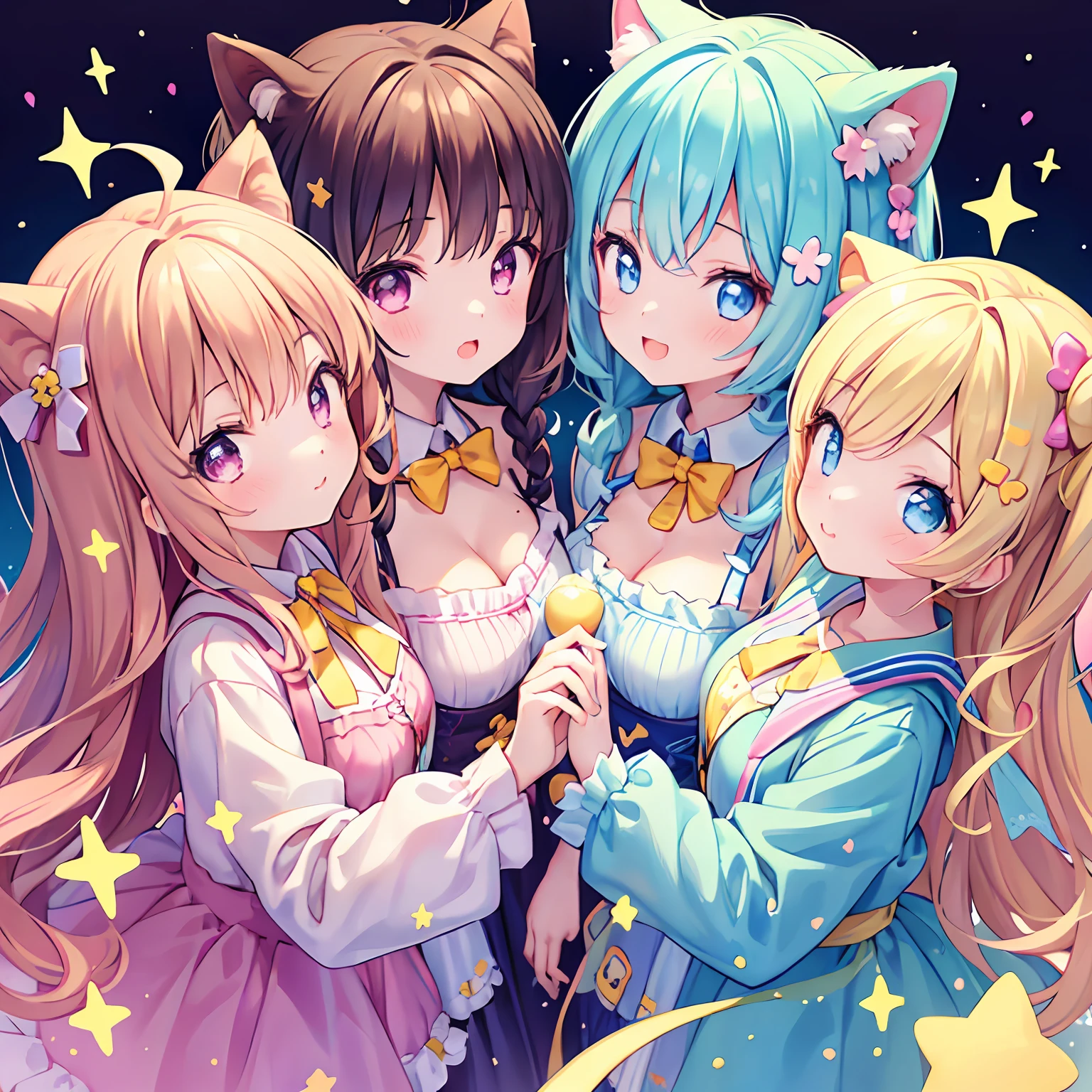 masterpiece, (2girls and 2girls and 2girls and 2girls), idol, closeup, big eyes, kawaiitech, kawaii, cute, pastel colors, best quality, happy, deep background, symmetrical, tilted head, summer, cover, title