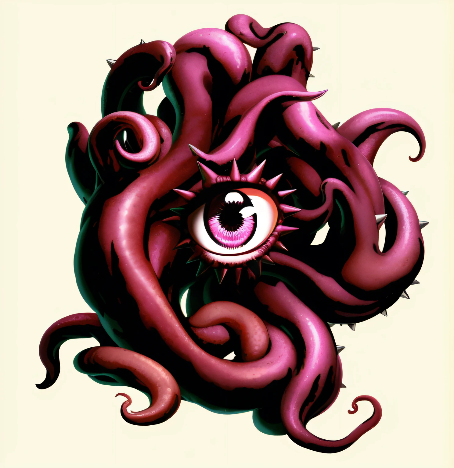 Tentacles sprouting out from a single Eye in the center of them, One-Eyed, Cute, spikes in center, tentacles, large eye with eyelashes, eye highly detailed, eyelash, detailed eyelash, ornate tentacles growing around, looks like Shuma-Gorath from Marvel Comics