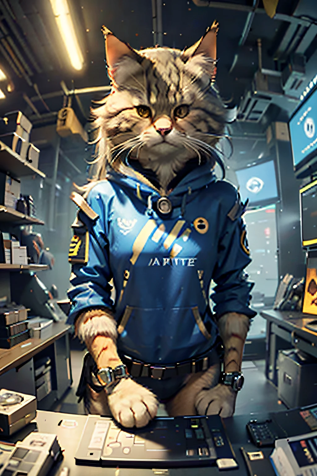 gamer c4ttitude, strategic, focus-eyed,fur, challenger, agile, engaging, game-themed bodysuit,nylon, quick paws,cybernetic arena, digital realm, strategy, showdown, gaming scene,