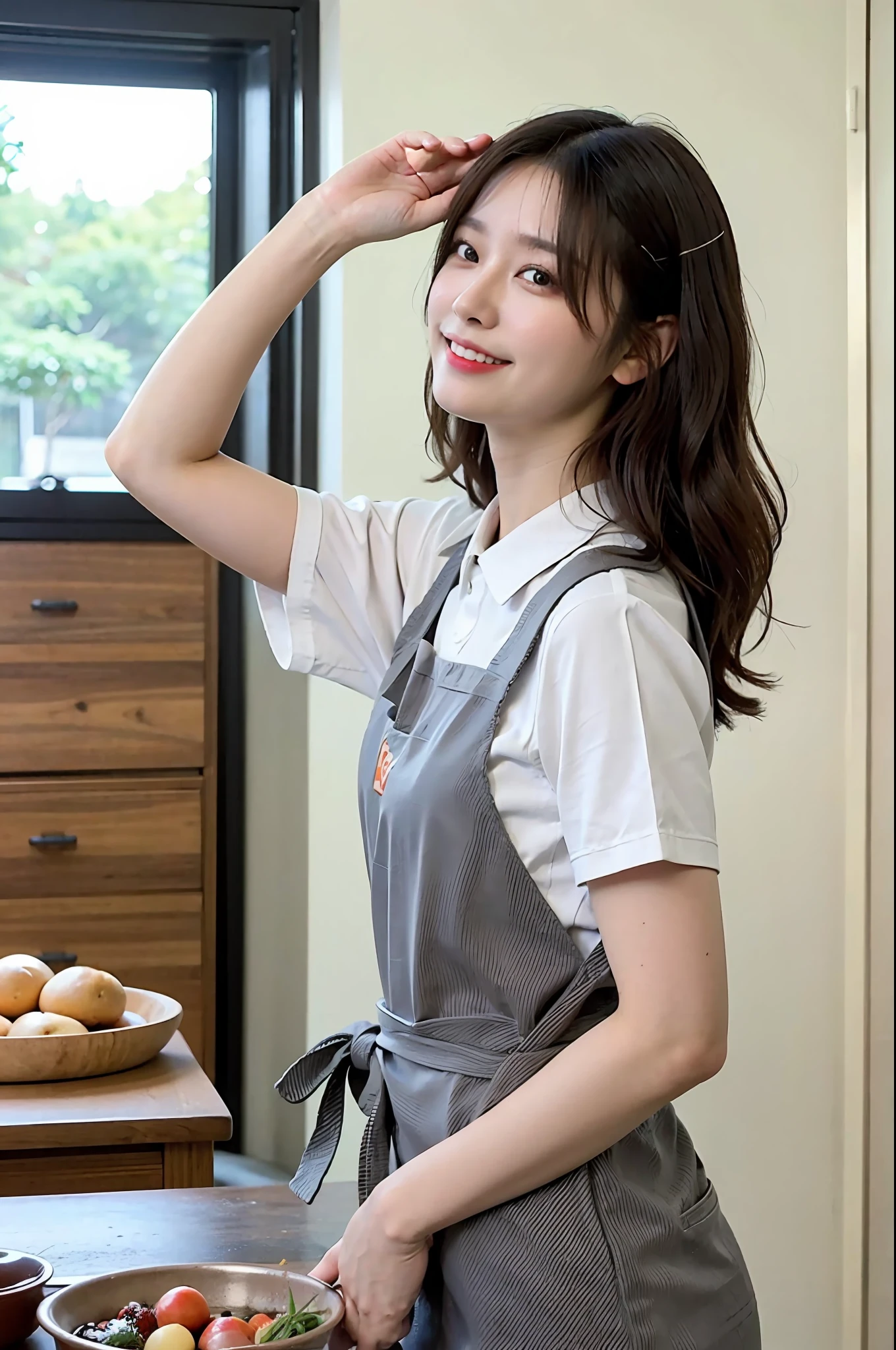 a woman is cooking、(kitchin_Apron:1.Wear 3)、Good Hand、4K、hight resolution、​masterpiece、top-quality、Cap:1.3、((Hasselblad photo))、Fine skin、foco nítido、(lighting like a movie)、Soft lighting、dynamic ungle、[:(详细的脸:1.2):0.2]、Medium chest、sweats streamed skin:1.2、(((In the kitchen))) A smile　Beautiful profile　Colossal tits　Beautiful body　Tying hair　Wide background々and a luxurious living room　Luxurious and luxurious living　Luxurious living room　Beautiful living room　Beautiful living room　A smile