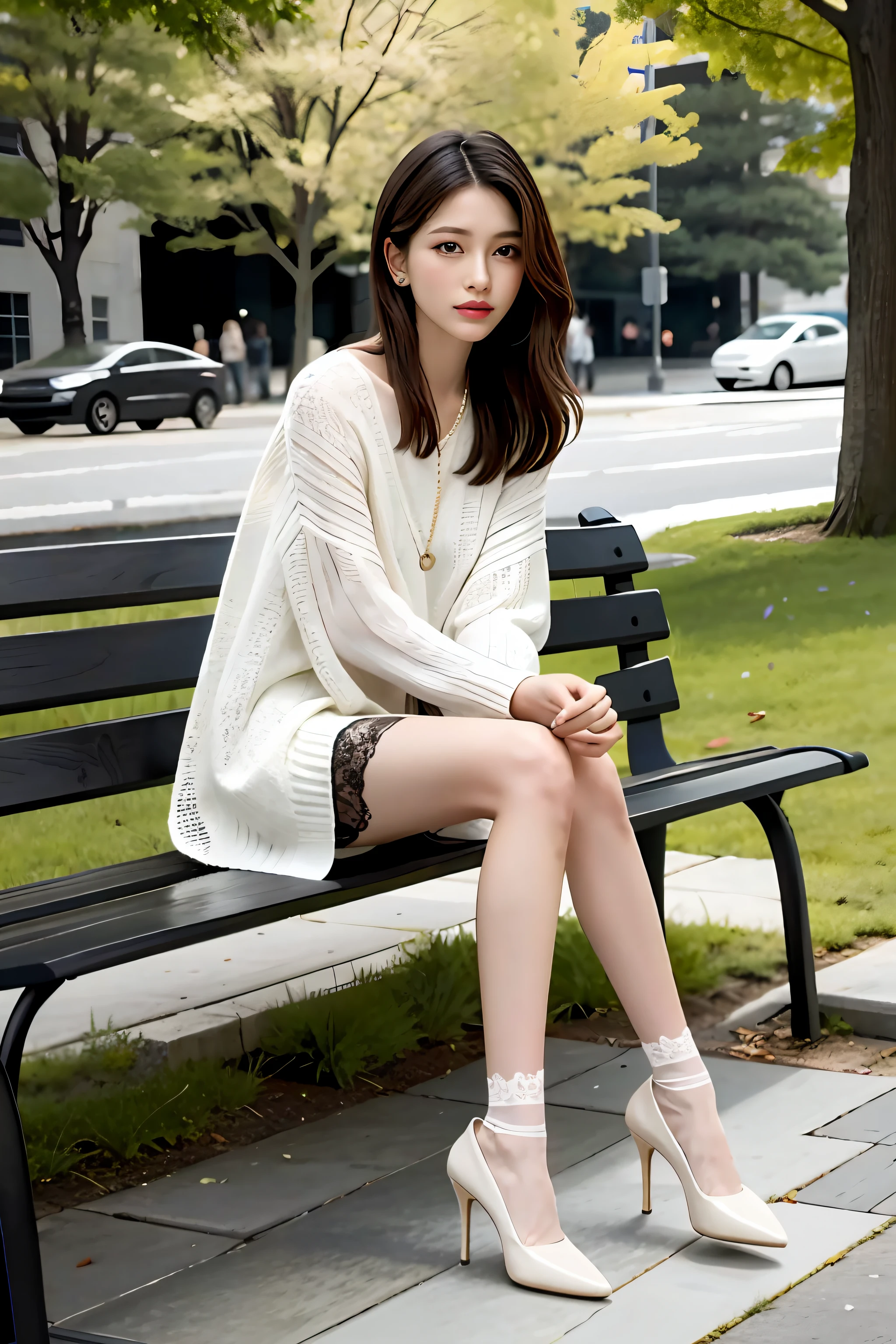 there is a woman that is sitting down on a bench, girls resting, sitting on a bench, sitting on a bench, wearing elegant casual clothes, Sitting on a park bench, Sit on a bench, wearing off - white style, dressed with long fluent clothes, arte mista, modern casual clothing, modern fashion outfit, casual modern clothing, woman, casual clothing style,Lace socks:1.3,high-heels