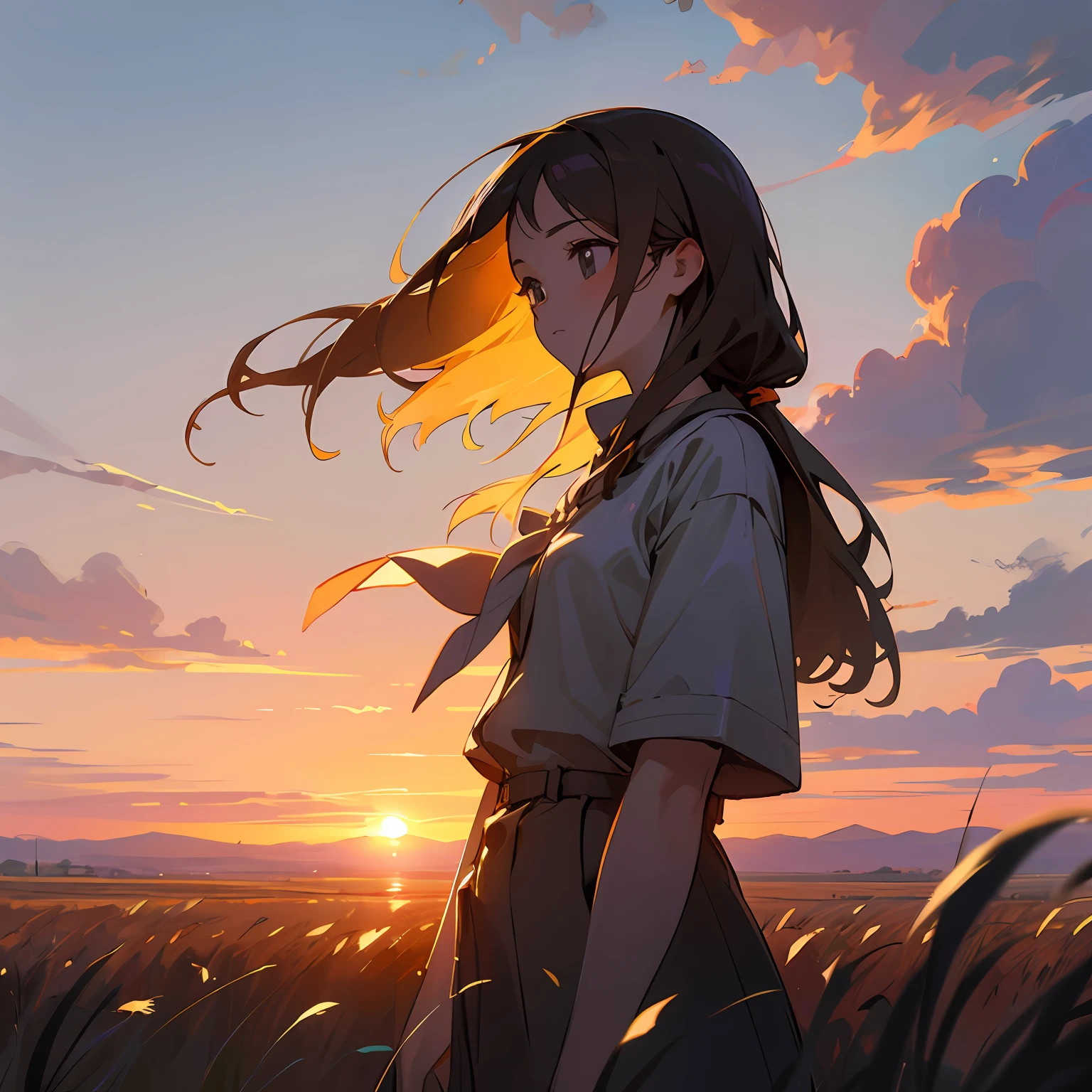 girl standing in field, closeup, portrait, clouds, sunrise