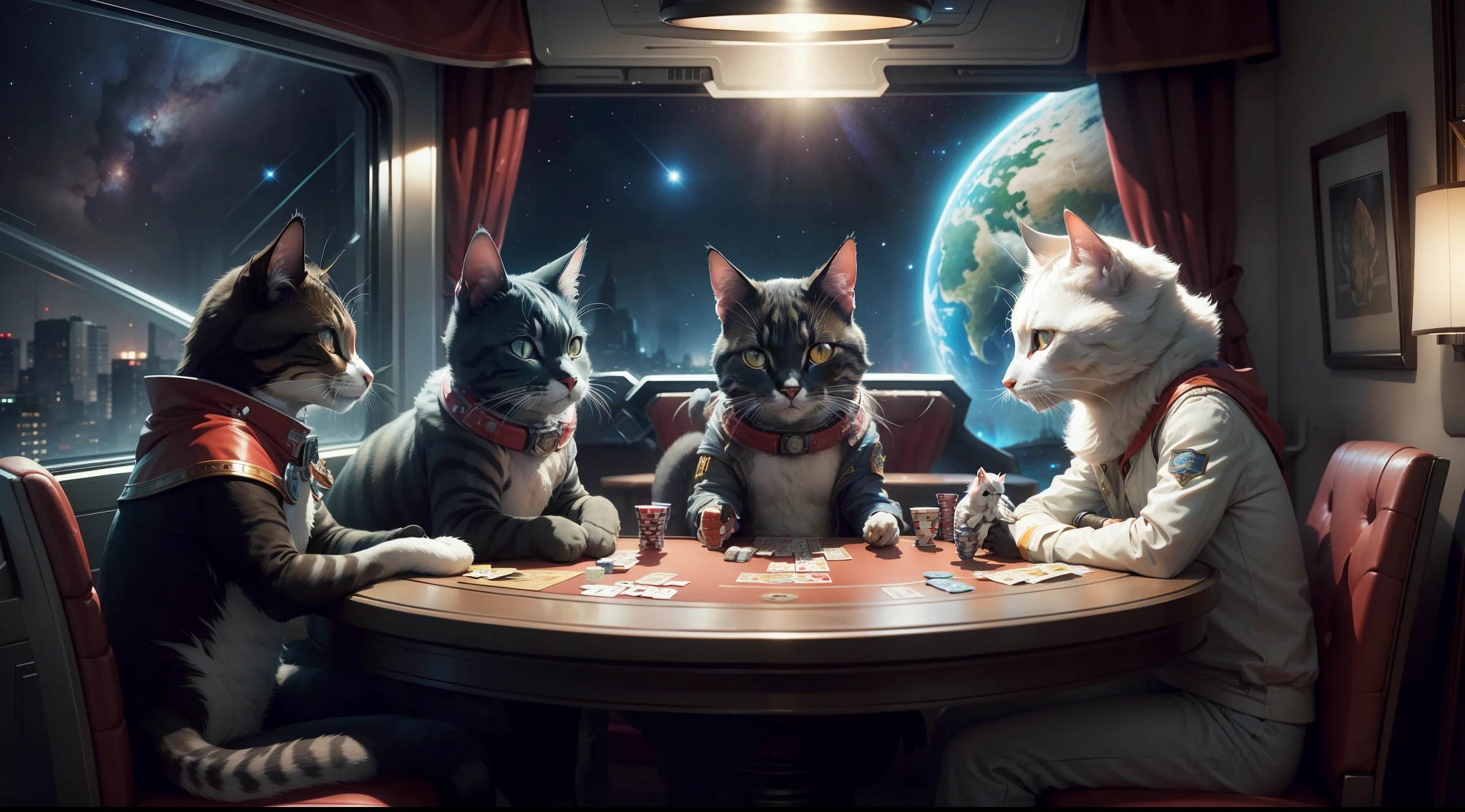 best qualtiy, tmasterpiece, A high resolution, Three cats play poker on a spaceship,,The tables are full of playing cards and chips,Through the window,The starry sky sees the Earth,photore,A high resolution,4k,8k,