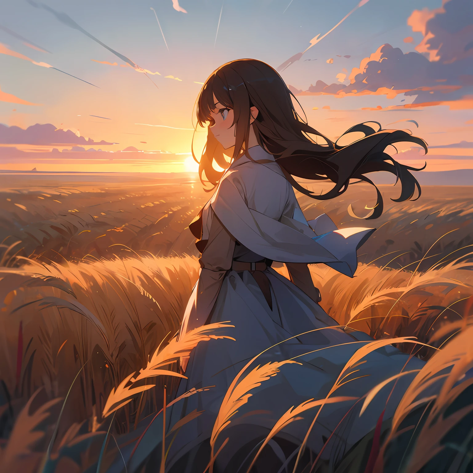 girl standing in field, closeup, portrait, clouds, sunrise