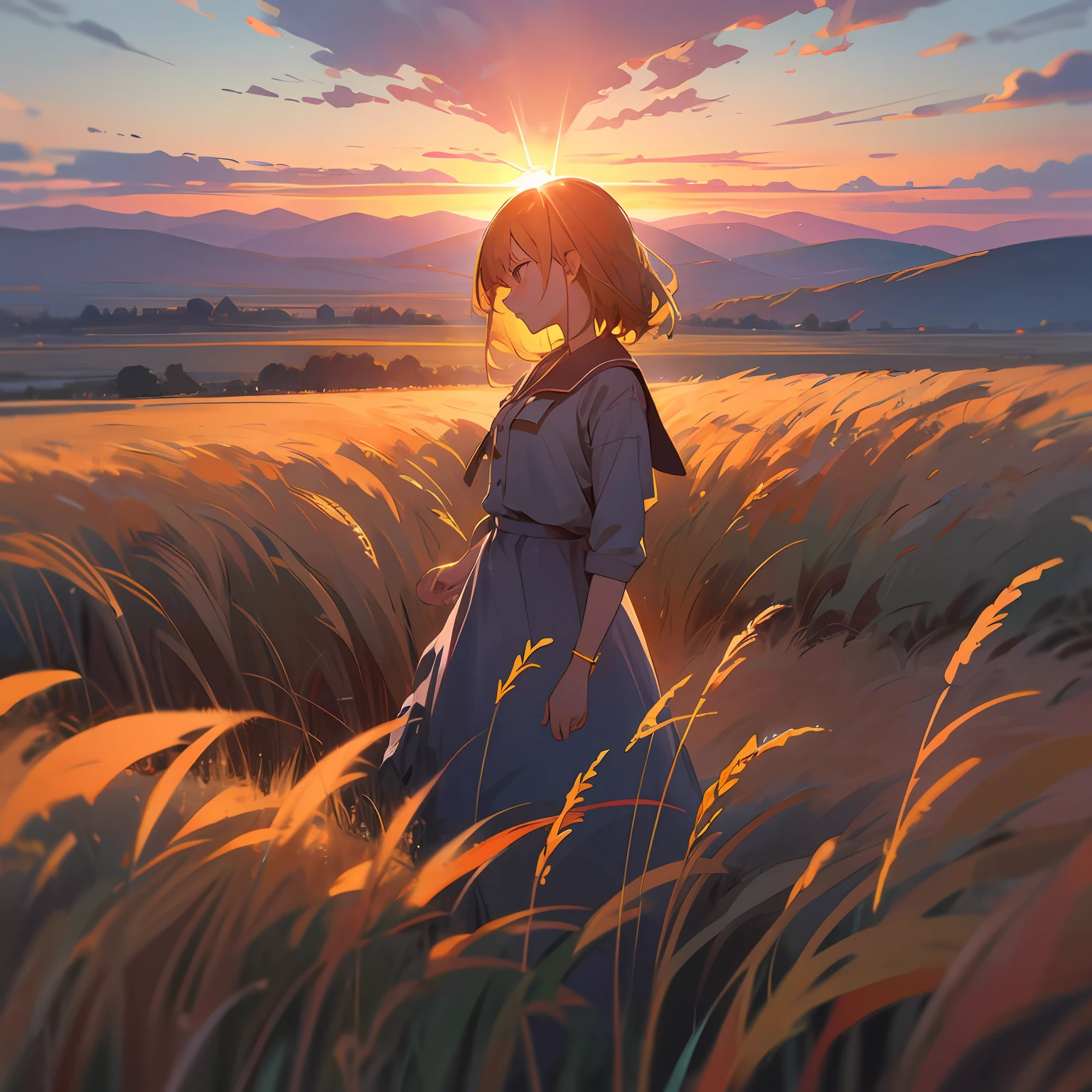 girl standing in field, closeup, portrait, clouds, sunrise