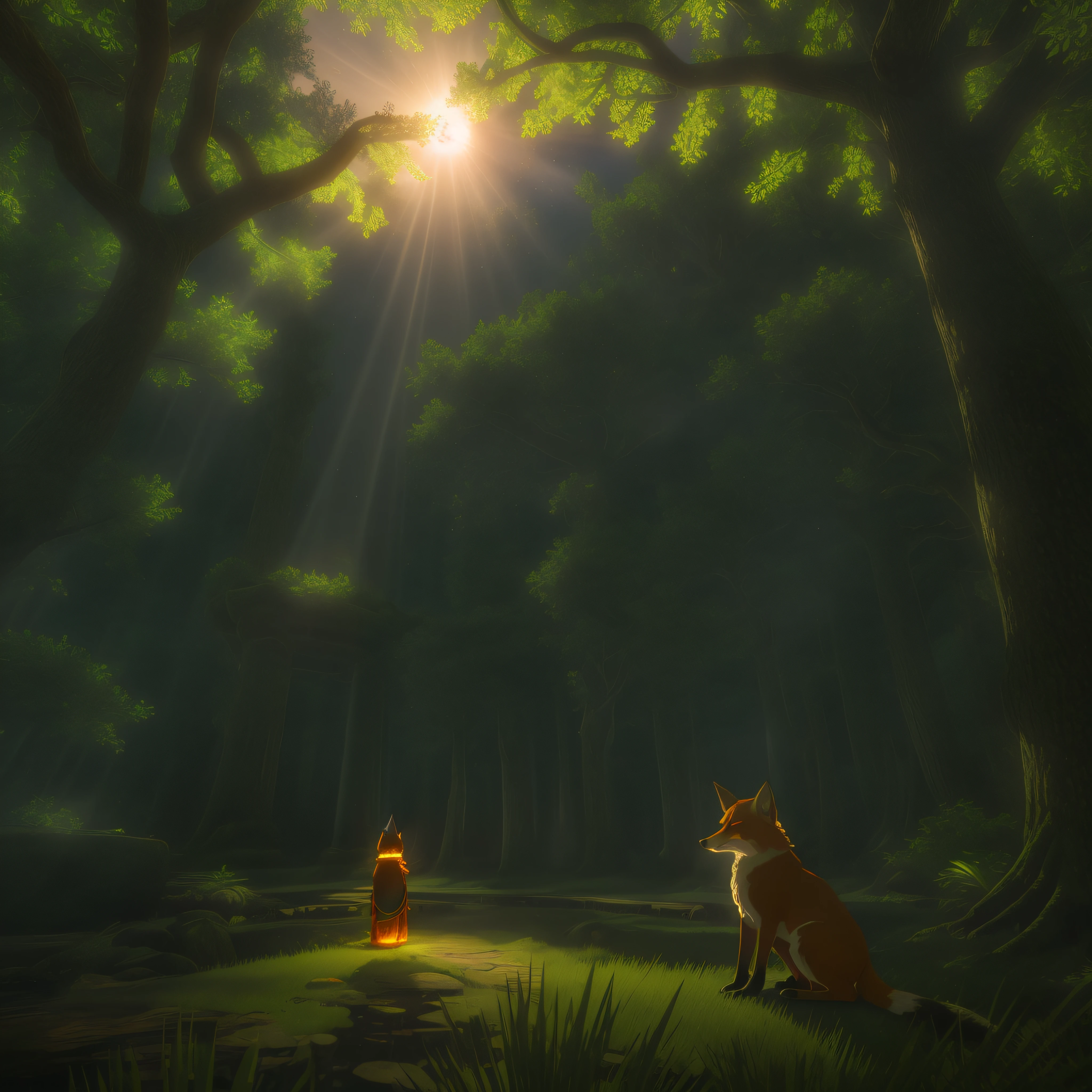 In the depths of a mystical forest, bathed in the soft glow of twilight, A fox spirit emerges from the shadows. Its vibrant orange fur sparkles with an otherworldly brilliance, as if touched by moonlight. The eyes of the mind, A haunting shade of amber, Brilliance with ancient wisdom and playfulness. Surrounded by towering trees with gnarled branches, The atmosphere is mystical and enchanting. Captured in Studio Ghibli style, Using a rendering engine that emphasizes the play of light and shadow, This scene is filled with a sense of magic and wonder, drop shadow, Tachi-E, POV, atmospheric perspective, hyperrealism, En plein air, scintiller, glowing light, Rayons divins, panorama, Lens Flare, 35 mm, chanoine, super detail, ccurate, Best quality, 16k, award winning, Masterpiece