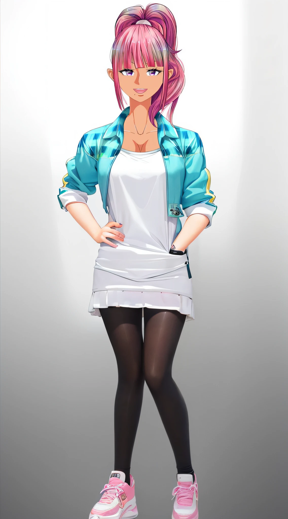 Woman with pink hair and blue jacket making pose and standing, anime style character, realistic young anime girl, beautiful alluring anime teen, Anime girl named Lucy, kawaii realistic portrait, extremely cute anime girl face, pink twintail hair and cyan eyes, Anime Art Style, Portrait Anime Girl, made with anime painter studio, Realistic anime art style