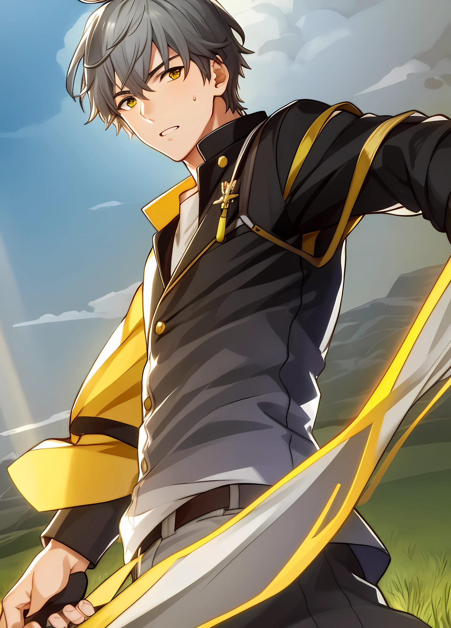 best quality, masterpiece, highres, male focus, 1boy, solo, bara, gray hair, caelus, yellow eyes, looking at viewer, detailed face, highly detailed, beautiful, beautiful lighting, blush, bulge, god rays, light rays,  party,  depth of field, formal, yellow and black jacket, grimacing, blush, holding baseball bat, grass field, sweating, sweat,  grass, blue sky, day, sunlight, (Eachcolorblockisclearlydistinguished:1.1),