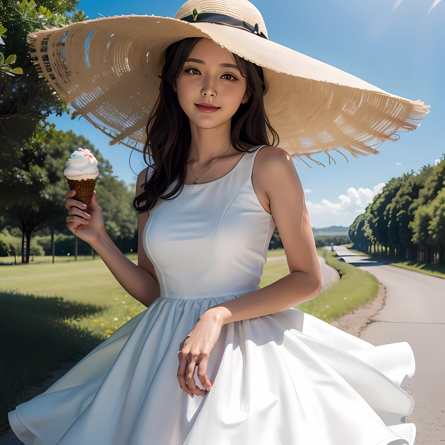 Walk on country roads,sunhat,white dresses,ssmile,Hold the ice cream in your mouth,Warm sun,Super detail,Masterpiece,Anatomically correct,Super detail,Super detail,High details,High quality,surrealism,in a panoramic view