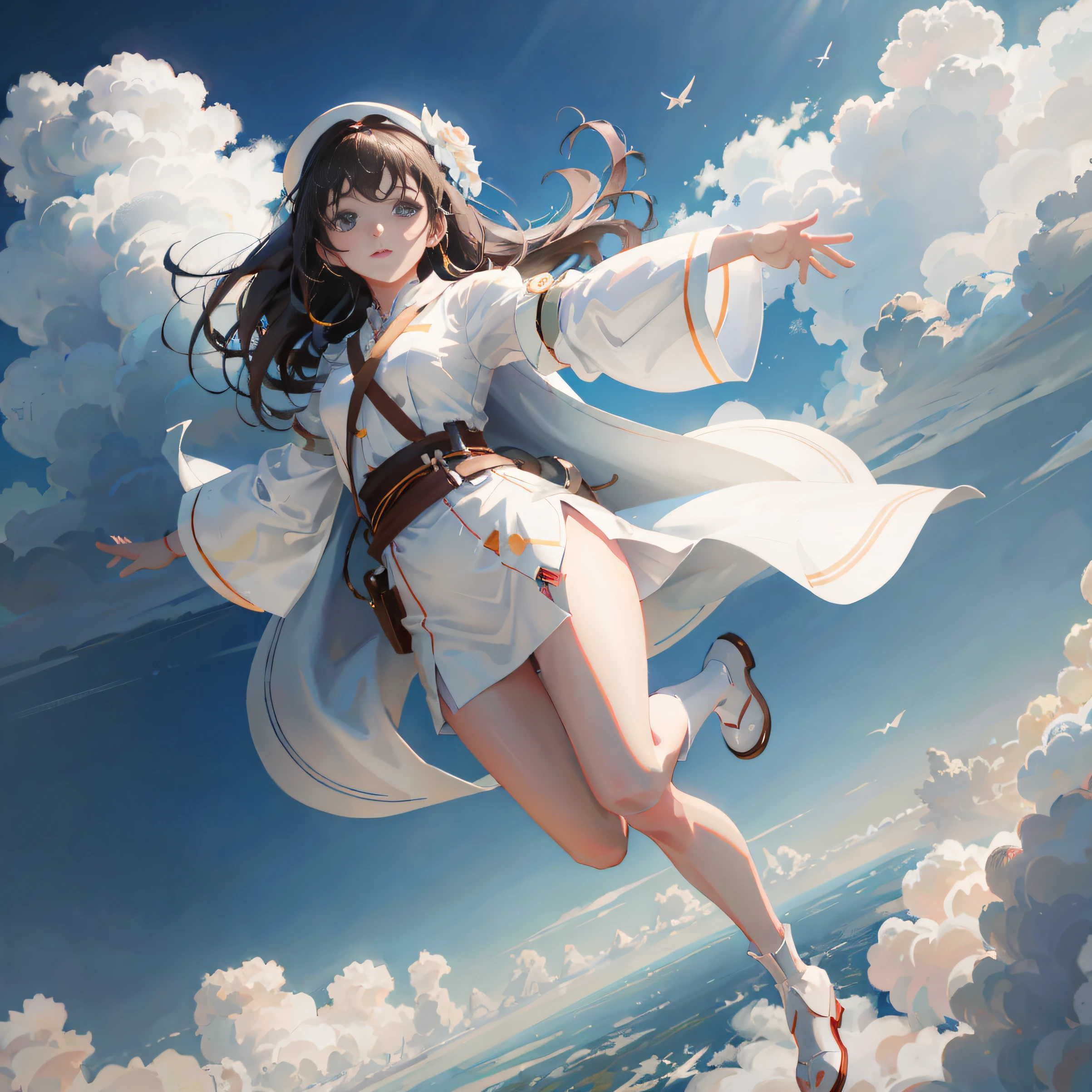 Anime girl in white clothes flying in the air with clouds, 2. 5 D CGI anime fantasy artwork, Artgerm and Atey Ghailan, Guviz-style artwork, Ross Tran 8 K, ross tran and wlop, Makoto Shinkai and Artgerm, Smooth anime CG art, trending on cgstation