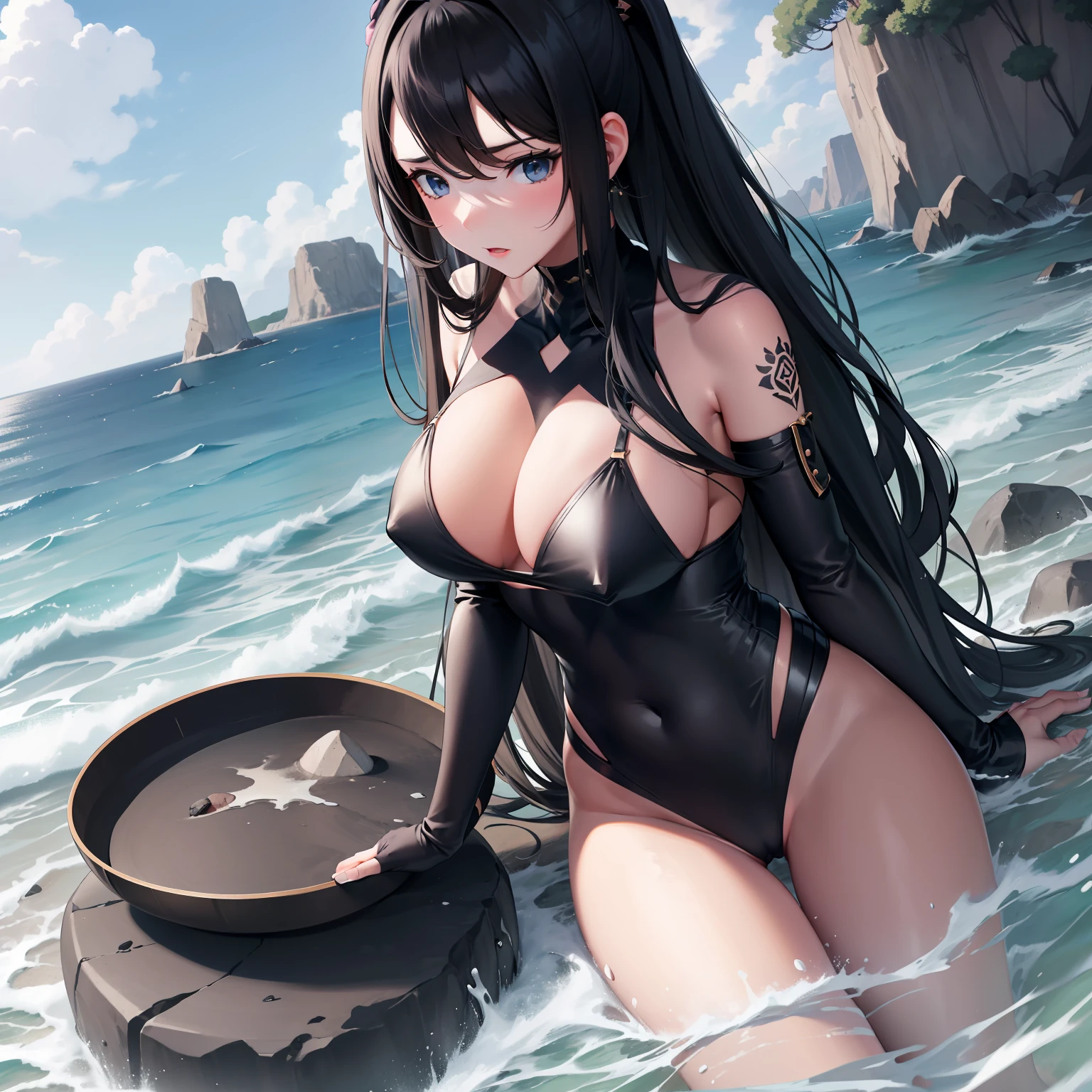 Black long-haired girl Disproportionate tits Blue eyes Black stockings Sea and sand in the background Sitting on a rock on the beach Split legs M-legs Bare briefs exposed
Disproportionate buttocks with tattoos on the arms