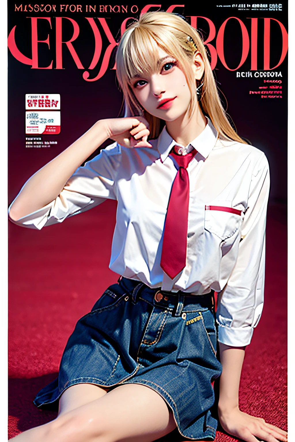 masterpiece, Superb Style, full bodyesbian, 1Girl, bangss, Black choker, Black tie, blonde hair, a blue skirt, red blush, A bracelet,, a choker, waist dress, 鎖骨, Collared Y-shirt, denim photos, dress shirts, ear piercings, eyebrows visible through hair, gradation hair, Grinning, gals, jewely, Kogal, Long, looking at the spectator, , neck tie, piercings, Plaid skirt, Plaid skirt, pleatedskirt, red eyes, the ring, student clothes, The shirt, skirt by the, a smile, 独奏, white shirt, a street, Skysky, cherry trees, flower petals, illustratio, (magazine: 1.3), (cover-style: 1.3), lo fashion, femele, with a vibrant, garments, the pose, the front, Colorful, Dynamic, Background with, element, self-assured, It is expressive, hold, statement, attachment, An majestic, coiled, surroundings, touch, The scene, Texto, covers, boldface, grab attention, titles, lo fashion, font, Catchy, titles, The large, grab attention, moderno, stylish, focus, Stylish black stockings