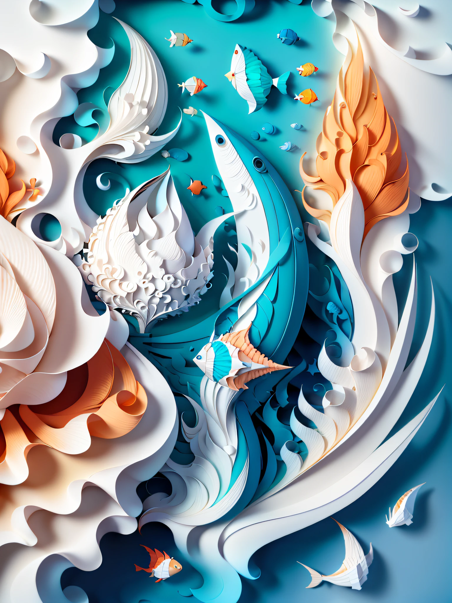Sailboat, driving in the sea, integrating three-dimensional paper sculpture and paper art creation, using 3D stereoscopic rendering technology, gradient color matching from white to light blue, using 4K resolution, using simple and natural composition, and using white in the background, presenting a fresh and vulgar natural style. (:nature:)