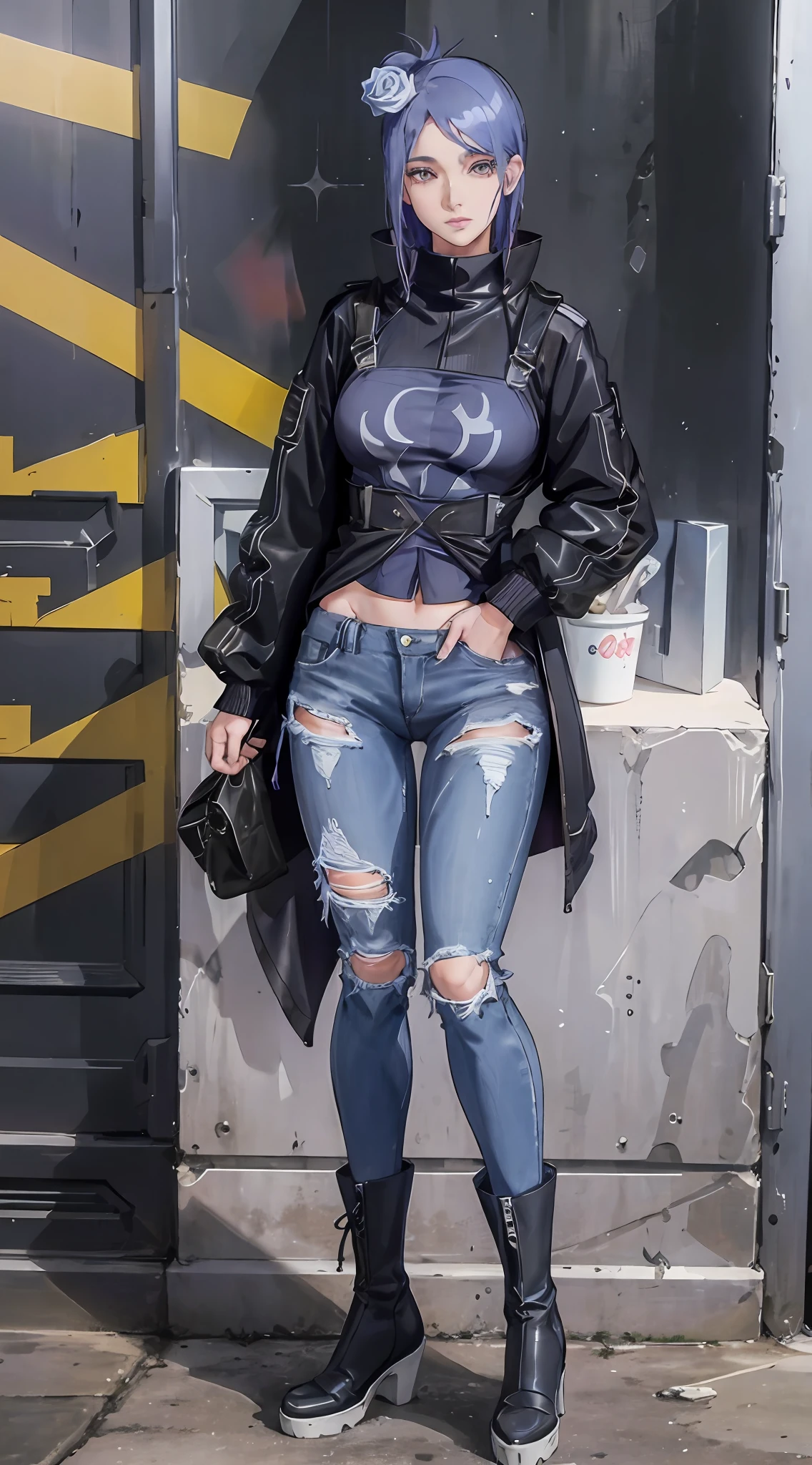 Blue-purple hair,blue sweater,Ripped denim trousers,Black Martin boots,Around the bib,Hold milk tea in your hand,The background is the Eiffel Tower in winter,looks into camera,perfect bodies,the golden ratio,Whole body diagram,high detal,high qulity,Snowflakes are falling in the sky