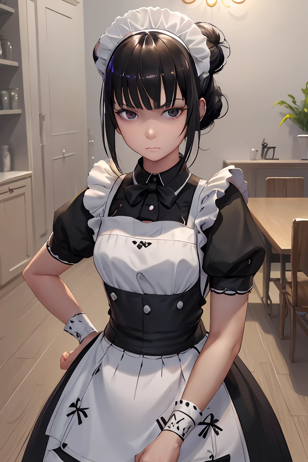 1girl, maid, solo, black hair, hands on hips, apron, maid headdress, single hair bun, black eyes, hair bun, looking at viewer, maid apron,  emotionless, narberal_gamma,  highres, sharp focus, pixiv masterpiece, ((intricate details)), highly detailed,