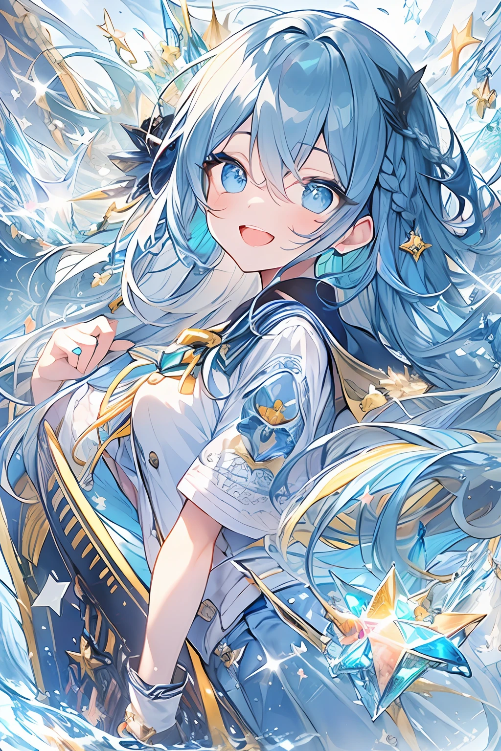 ((masterpiece、top-quality、Watercolor art(Pendants)、Official art、Beautifully Aesthetic:1.2))、(the golden ratio:1.2)、(ultra-detailliert:1.3)、(1girl in:1.3)、(Fractal Art:1.3)、full body Esbian、((Glitter pupils))、patterns、((colourful hair、Half blue and half dark blue:2))、colourfull、Writing、(heterochromia iridis:Blue right eye and light blue left eye)、(colourfull:1.5)、((Shy face))、(Hyper-detailing), ((delicate detail)), (intricate detailes), ((ciinematic light, best quality backlight)), highcontrast, ((The best lighting, extremely delicate and beautiful)), ((ciinematic light))、(ray trace reflection、brilliance)、((glowing aura))、((Radiant hair))、((The ultra-detailliert))、((8K))、((write))、Delicate beautiful face and eyes,Focus on Face, masterpiece,Shock sensation、(realisitic:0.5)、Original 2 High Saturation、((Neat and clean woman))、((night sky full of stars))、(((Shining eyes:2))),(((Crystal pupil:1.2))),(((Big eyes:1.2)))、(((Crystals in the eye:1.2))), absurderes, superfine illustration, Best Quality, Very beautiful girl, Very detailed and very beautiful adult big smile:1.2, ;D, Face up, Beautiful Growing Crystal Diamond Blue Star Pupil, look at viewr, Beautiful detailed** Blue Land **hair:1.2, Solo, Beautiful detailed **Blue and silver** ribon, Beautiful detailed **Blue Land** (((High School Uniform:1.5))), Fantastic and shining wide rainbow with circles, Shooting stars and strong winds、Night and rainbow shooting stars, Magic Circle:1,2 of the detailed background、Shining Blue