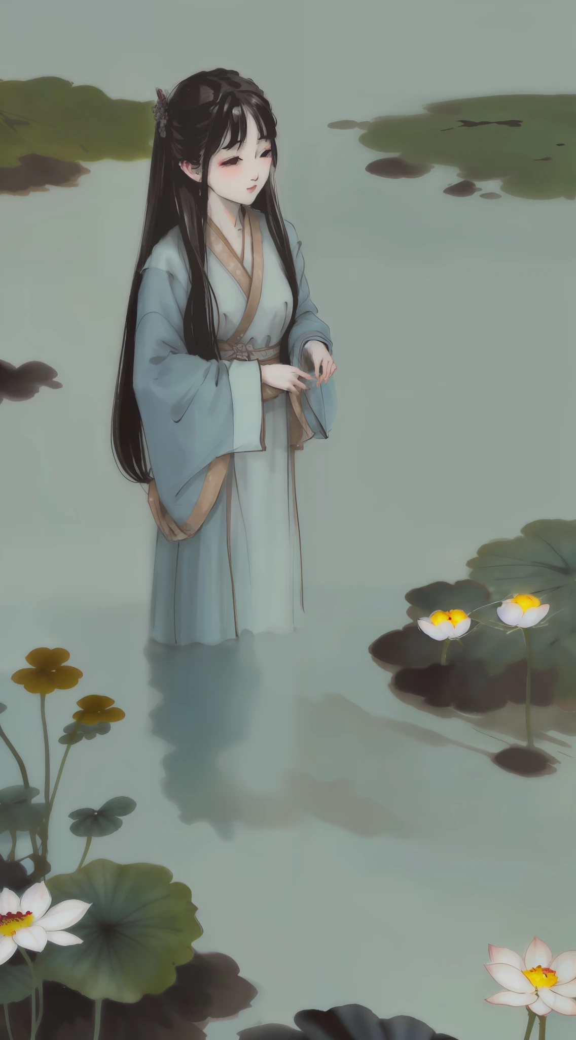 ((4k,masterpiece,best quality)), shuimobysim, traditional chinese ink painting, lotus, hanfu, maxiskit, dress conservatively 1girl, solo, long blue hair, smile, standing, feet in the water, barefoot,