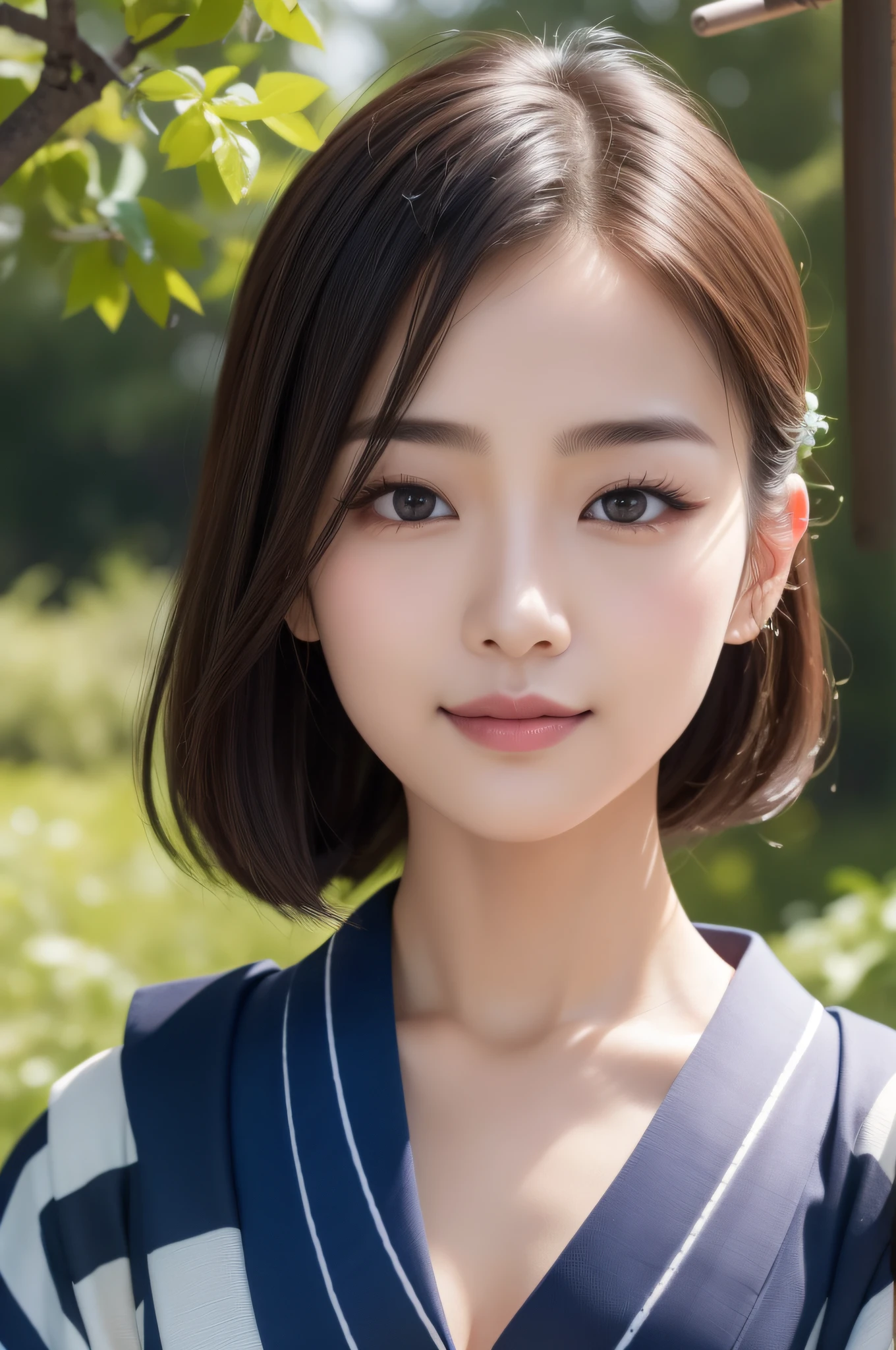 ((top-quality、8k masterpieces:1.3))、foco nítido:1.2、(ultra beautiful faces:1.0)、(Slender Abs Beauty:1.0)、(shinny skin:1.0)、photos realistic、A dark-haired、Video Lighting、High-definition eyes and face、Video Lighting、(cowboy shot:1.3)、(Kimono、Hakama、Obi:1.4)、(Korean Cute Actress)、Traditional kimono、from the front side、medium large breasts、A slight smile