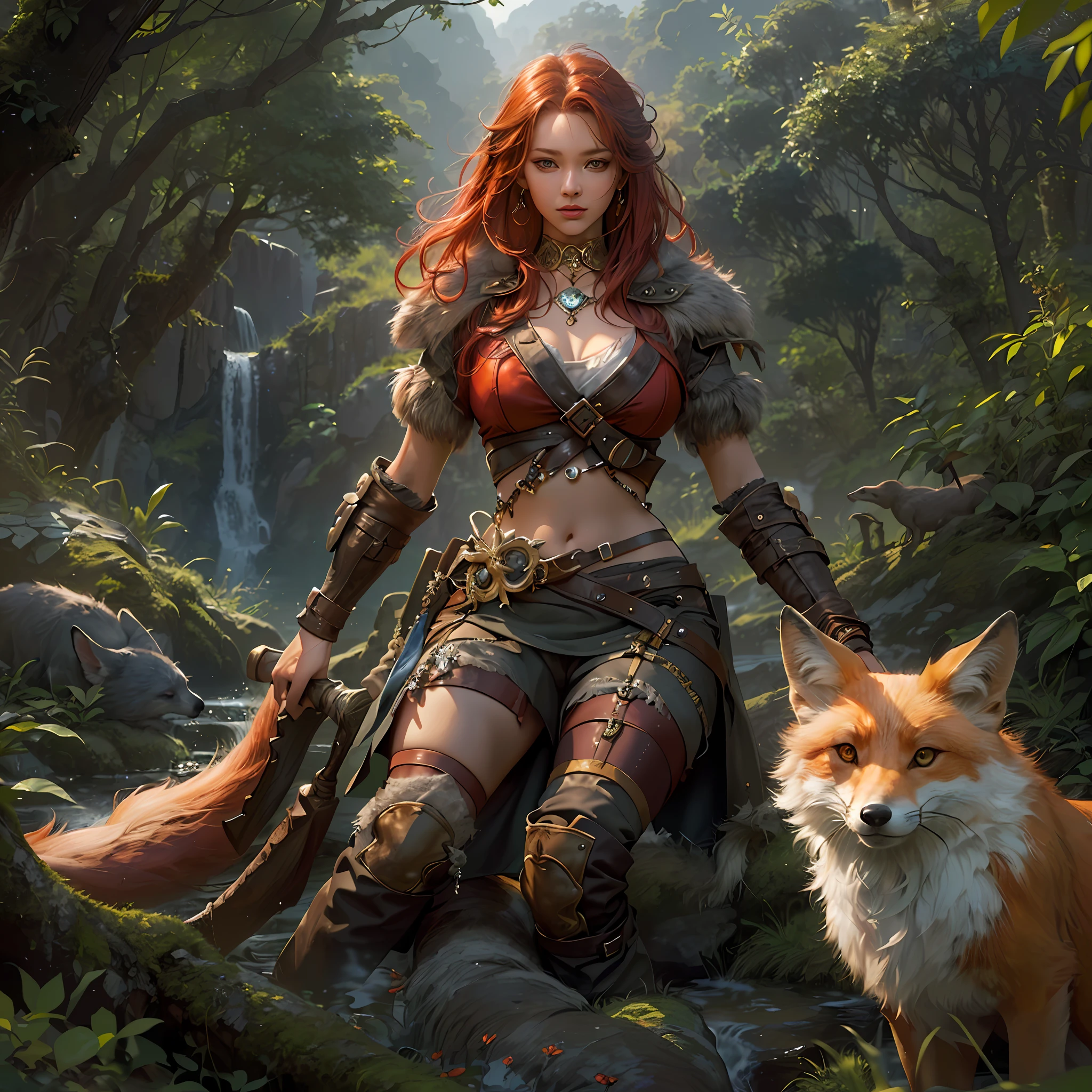 high details, best quality, 8k, [ultra detailed], masterpiece, best quality, (extremely detailed), dynamic angle, ultra wide shot, RAW, photorealistic, fantasy art, dnd art, rpg art, realistic art, a wide angle picture of a female human ranger and her pet fox, warrior of nature, fighter of nature, full body, [[anatomically correct]]. dynamic position (1.5 intricate details, Masterpiece, best quality) talking to a fox (1.6 intricate details, Masterpiece, best quality) in forest (1.5 intricate details, Masterpiece, best quality), a female  wearing leather clothes (1.4 intricate details, Masterpiece, best quality), leather boots, thick hair, long hair, red hair, fair skin intense eyes, forest  background (intense details), a stream flowing in the backgraound (1.4 intricate details, Masterpiece, best quality), dawn light, clouds (1.4 intricate details, Masterpiece, best quality), dynamic angle, (1.4 intricate details, Masterpiece, best quality) 3D rendering, high details, best quality, highres, ultra wide angle