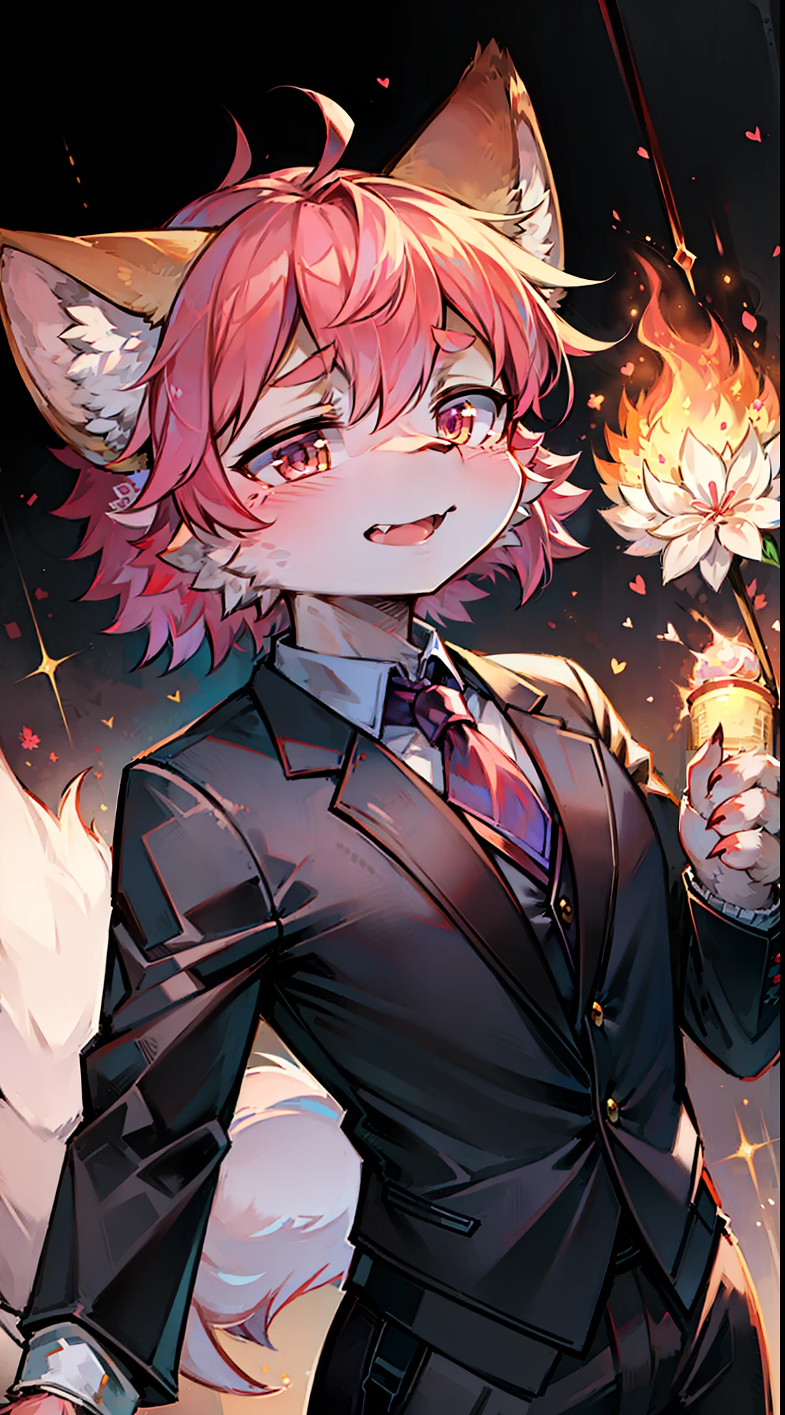 （1boys：1.3），neko boy，（shaggy：1.5），Holding a flower in one hand and bleeding in the other，Squint，Pink hair，bodyfur，hyper cute face，Beautiful light and shadow，ambient lights，Ultra-detailed fur，full bodyesbian， lighting perfect， light particules， （tmasterpiece）， （ultra - detailed）， Sharp focus， light particules， niji， Blushlush， The color hair， short detailed hair， Sharp finger claws， 独奏， ssmile， 独奏， hairy pubic， Animal ear villi， Open your clothes， coda， with her mouth open， depth of fields， （best qualtiy） JW3，（Chinese art），Business suit，The background is the burning estate，